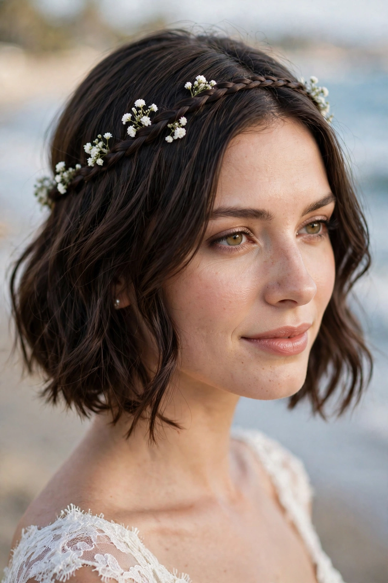 Bride with a braided headband decorated with tiny white flowers on short beach wedding hair