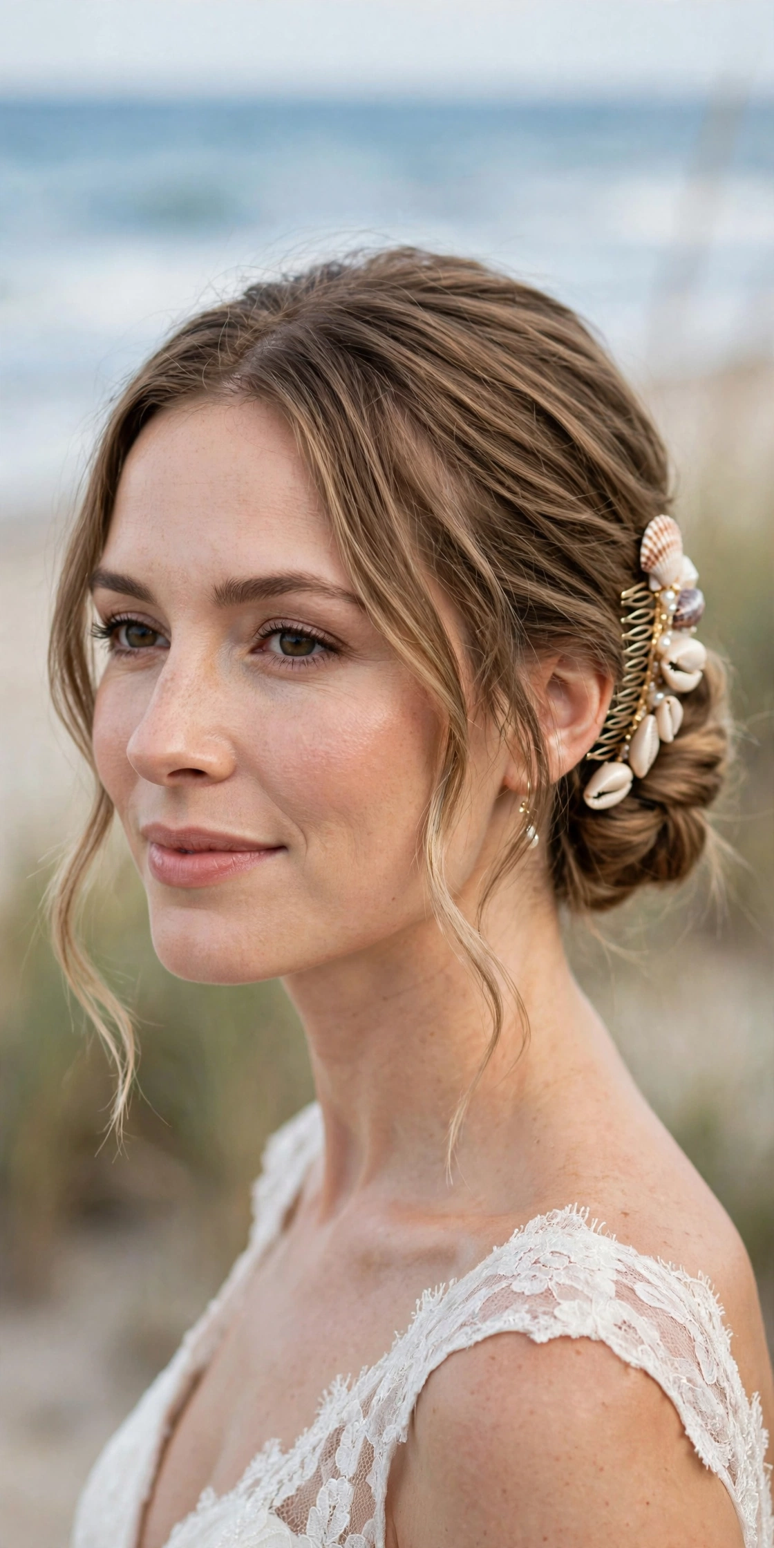 Bride with short hair in a low twisted bun with a shell comb at a beach wedding