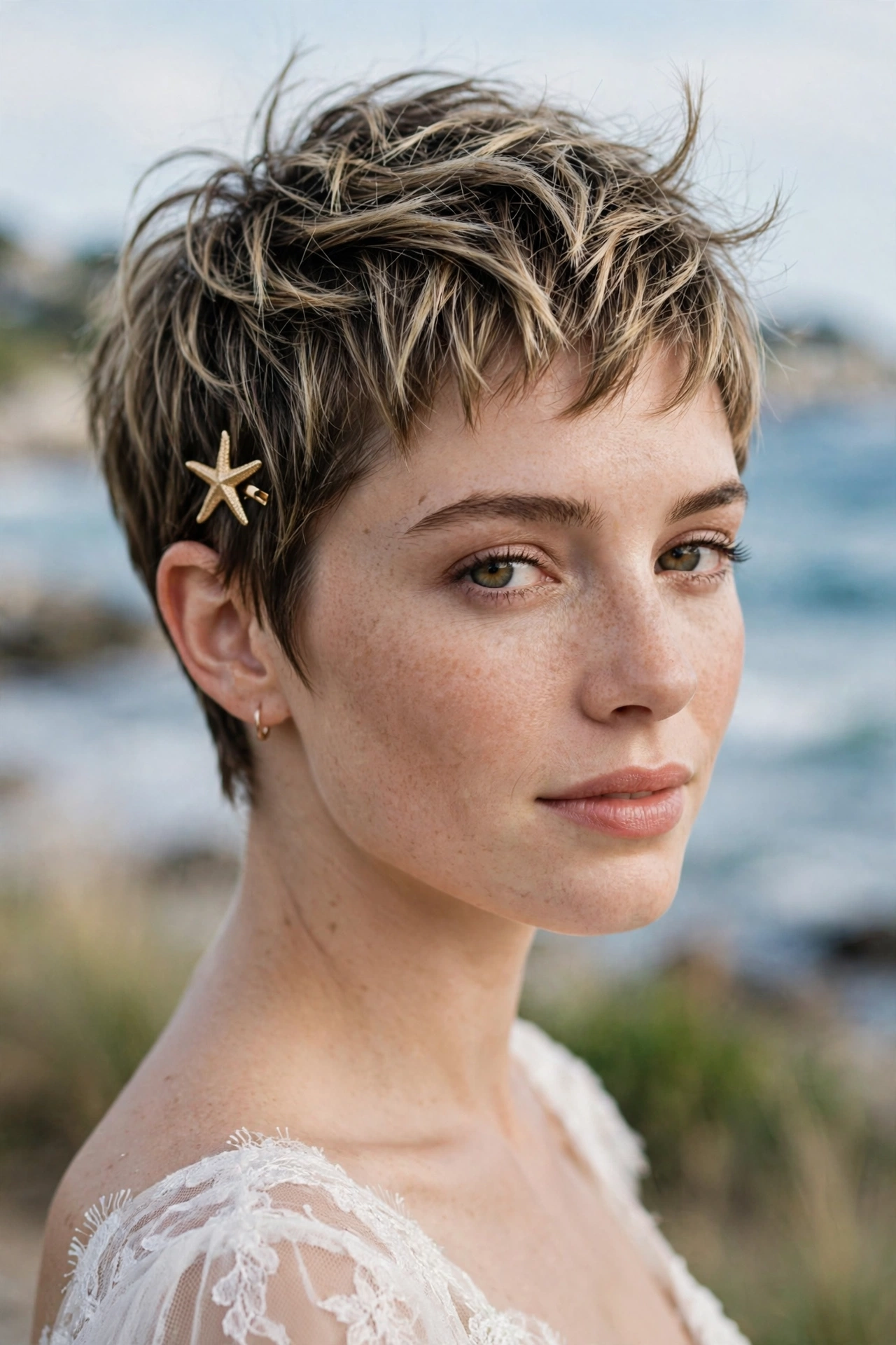Bride with a textured pixie cut and a gold starfish hairpin at the beach