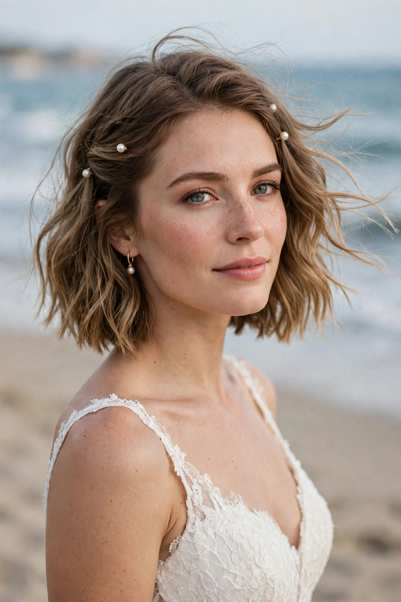 Bride with a tousled beach-wave bob at a seaside wedding