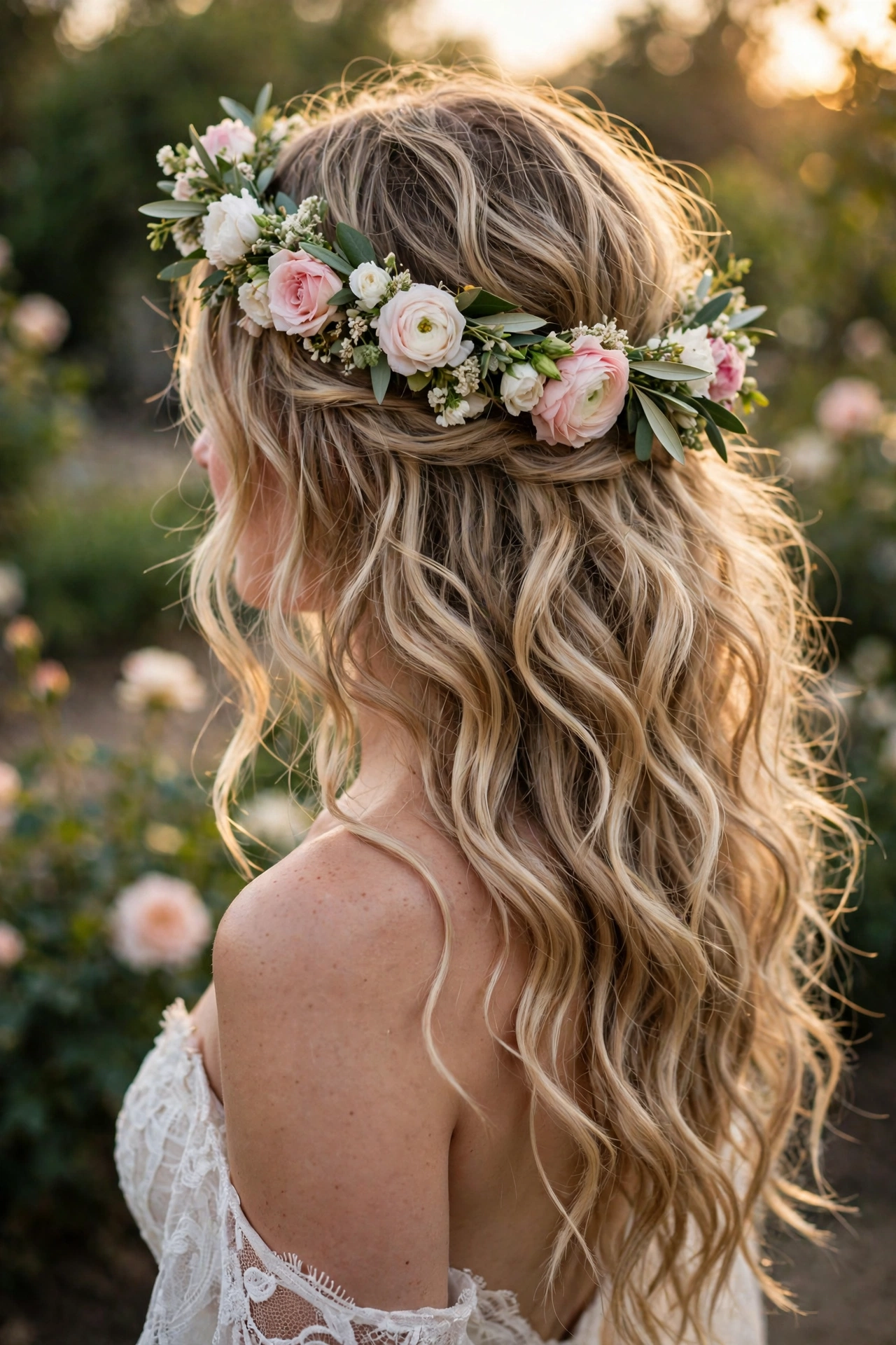Tousled boho beach waves with a flower crown on long hair