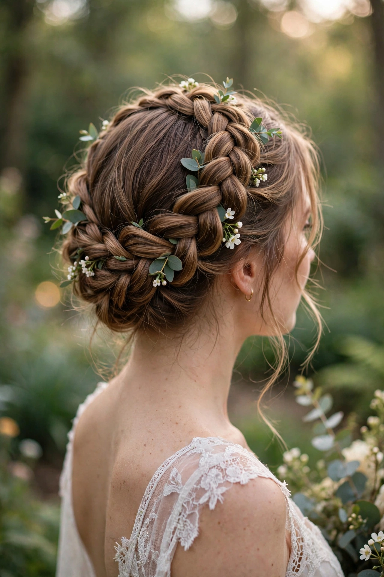 Dutch halo braid crown with greenery tucked in for a boho wedding