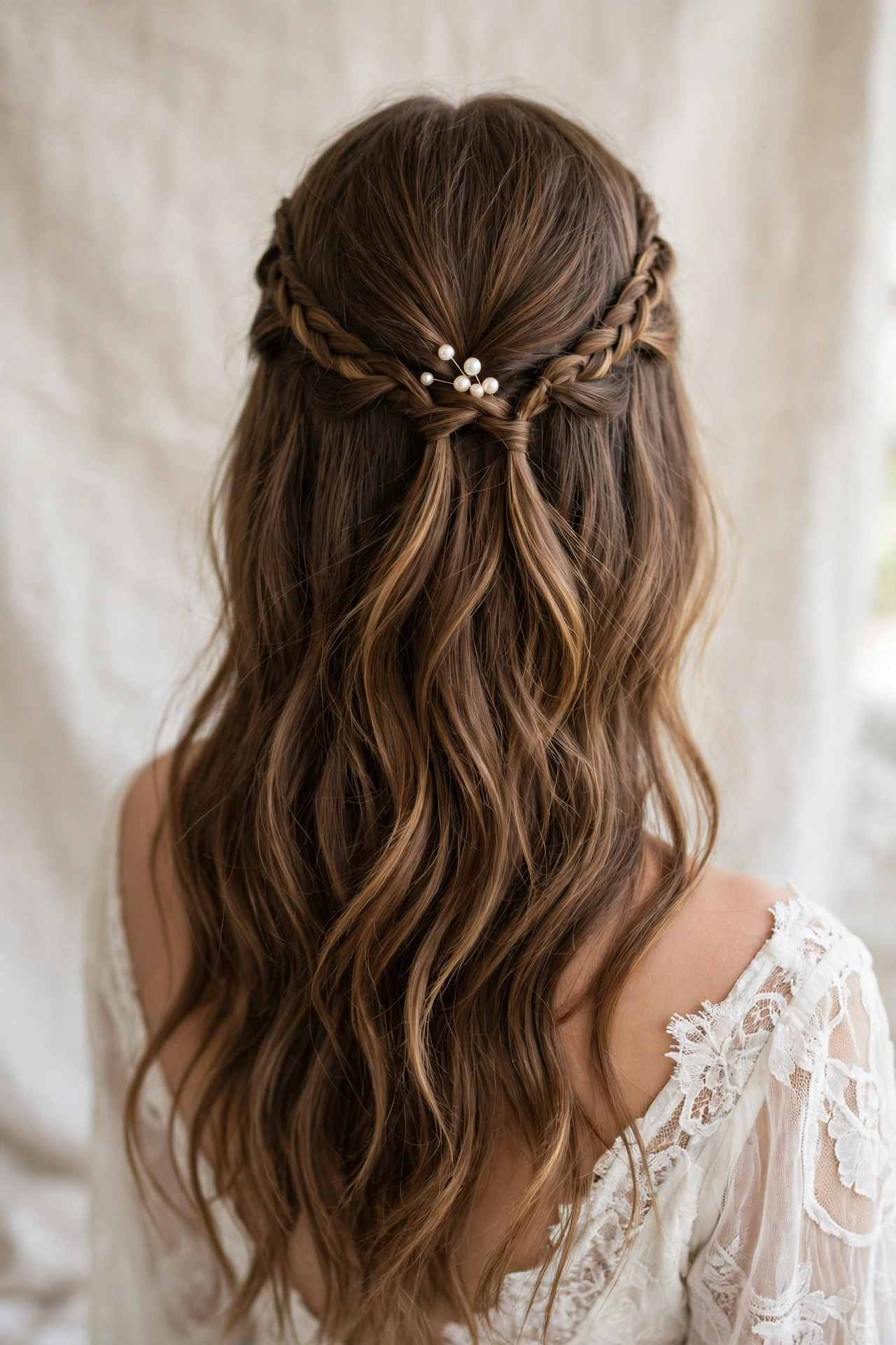 Half-up boho wedding hair with mini face-framing braids