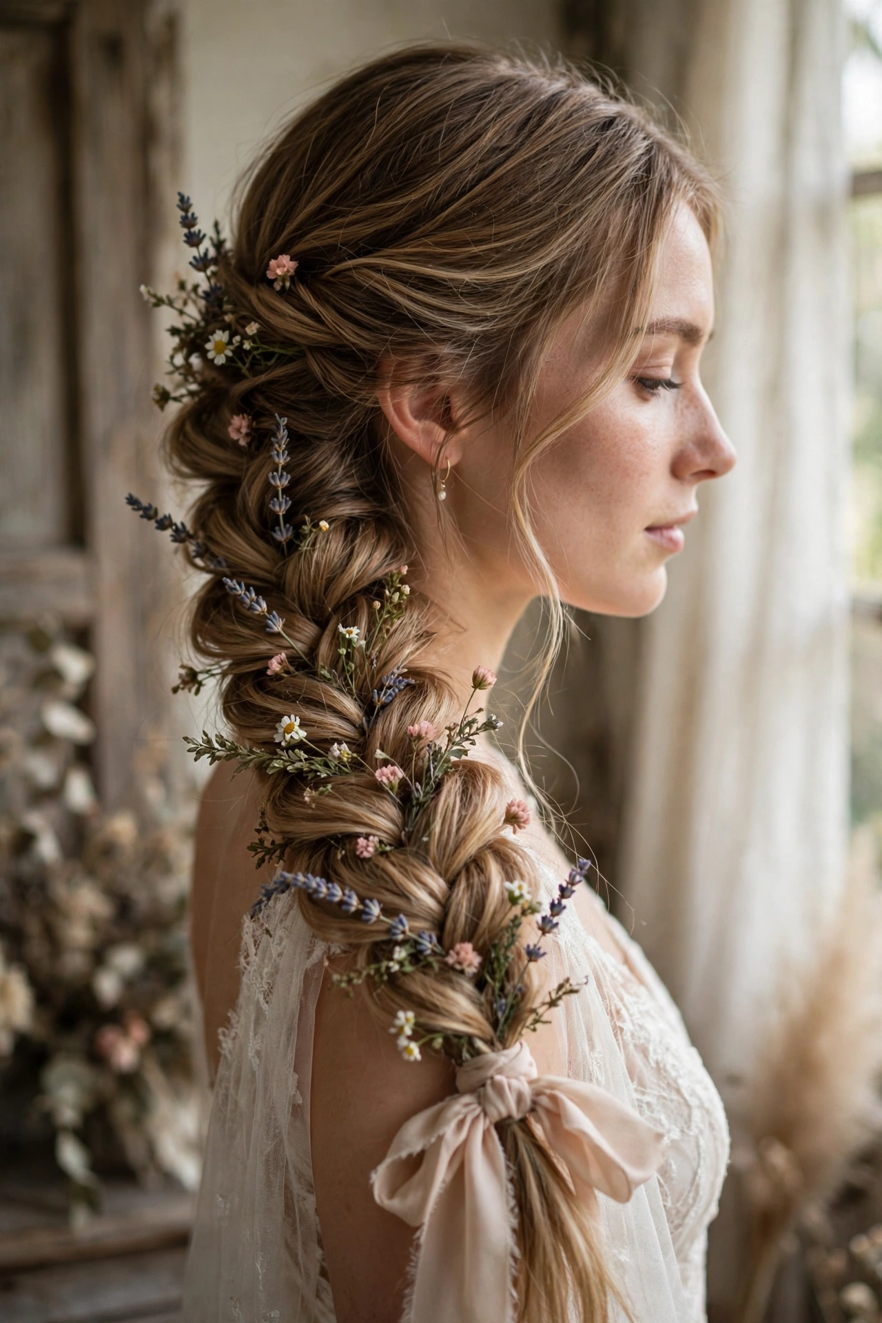 Loose pancaked fishtail braid for a boho wedding