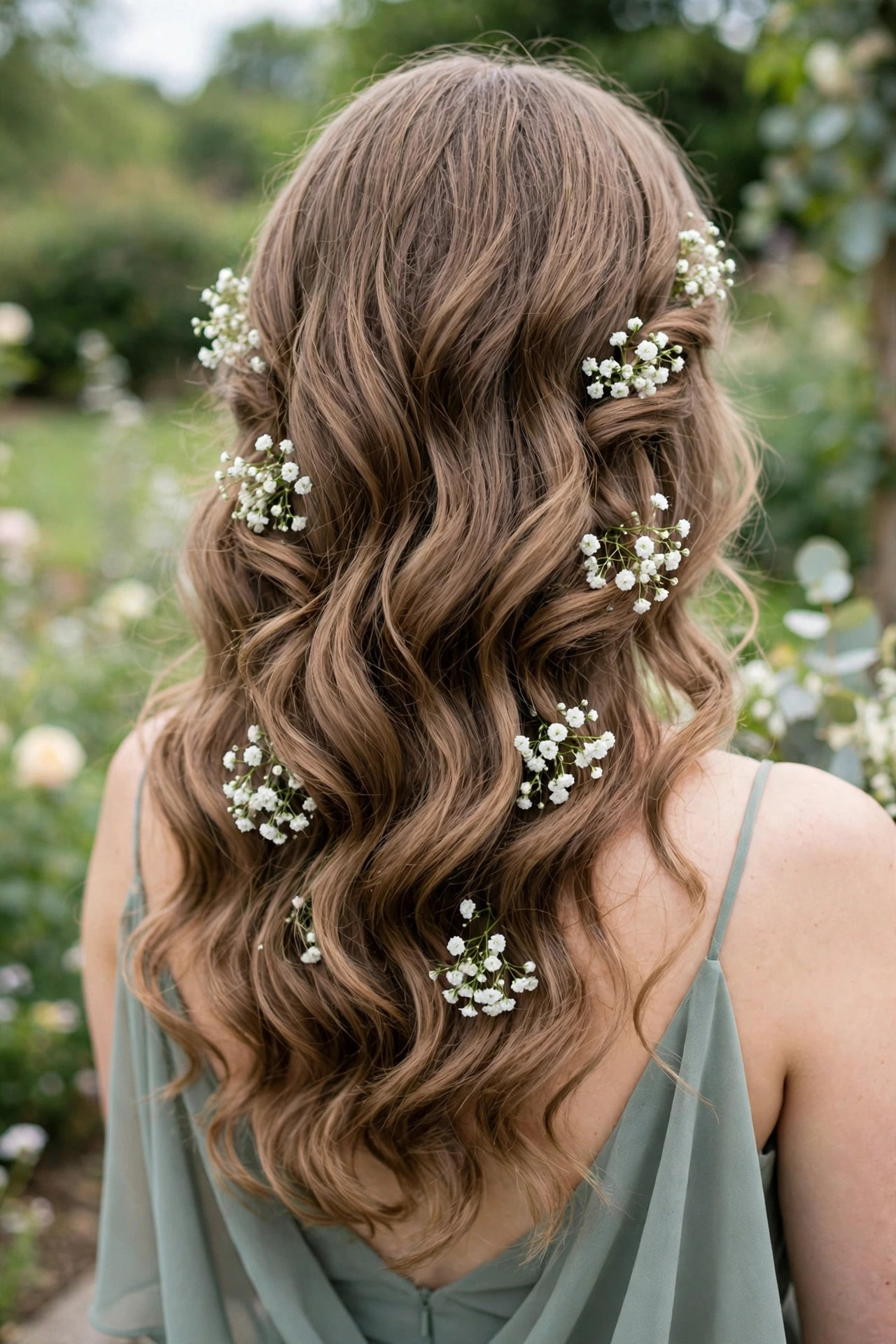 Romantic loose curls bridesmaid hairstyle with fresh flowers