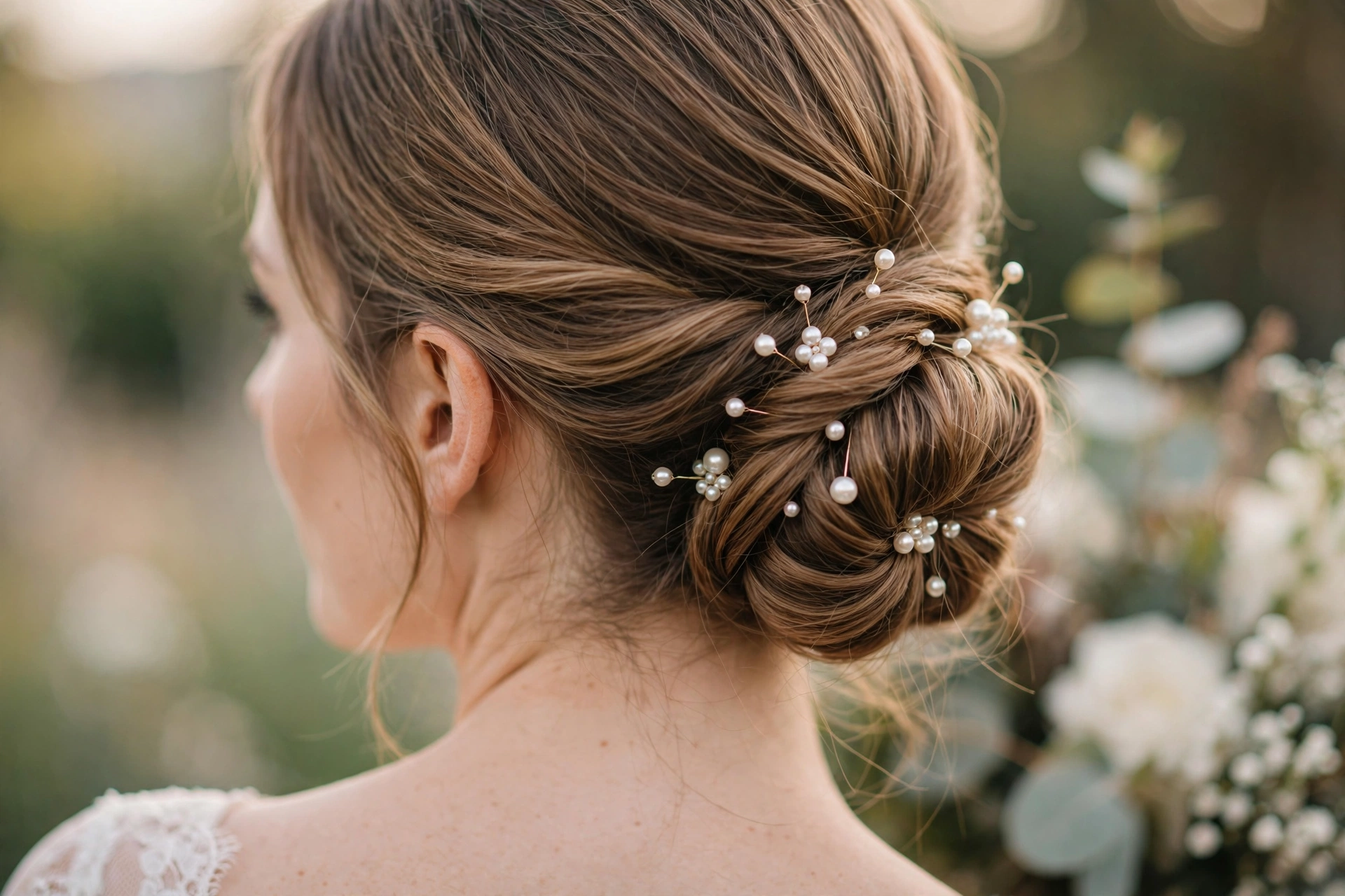 Low chignon bridesmaid hairstyle with pearl pins