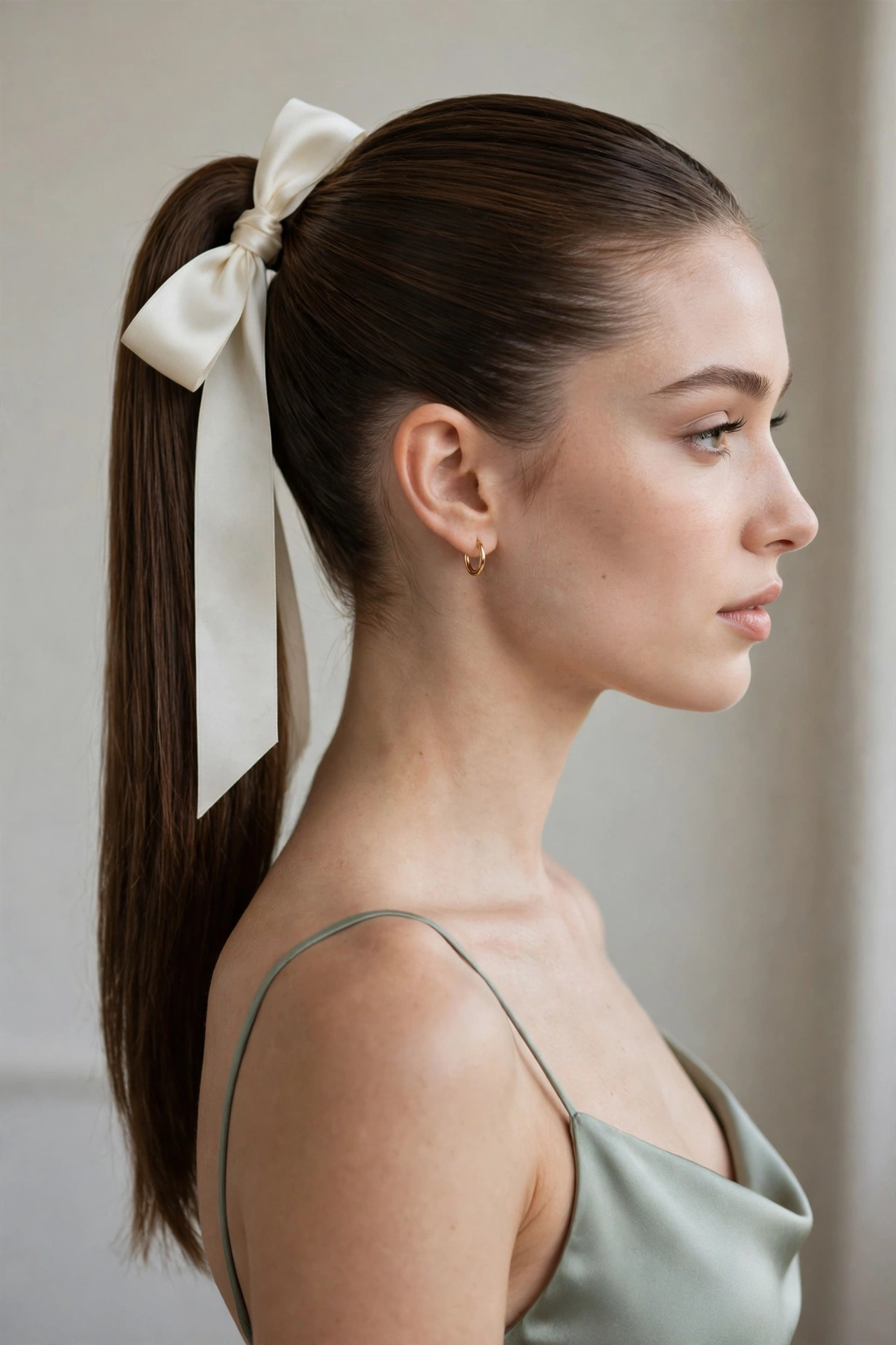 Sleek low ponytail bridesmaid hairstyle with ribbon