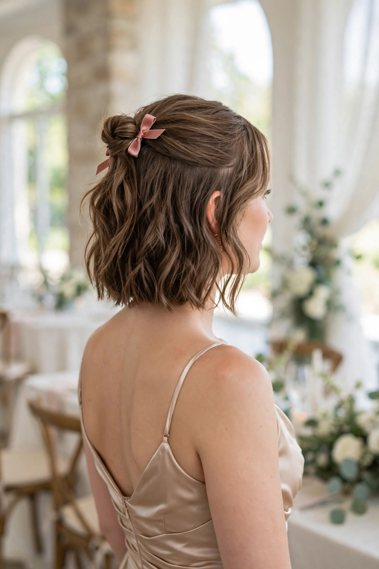 Bridesmaid half-up twist with a satin ribbon on short hair