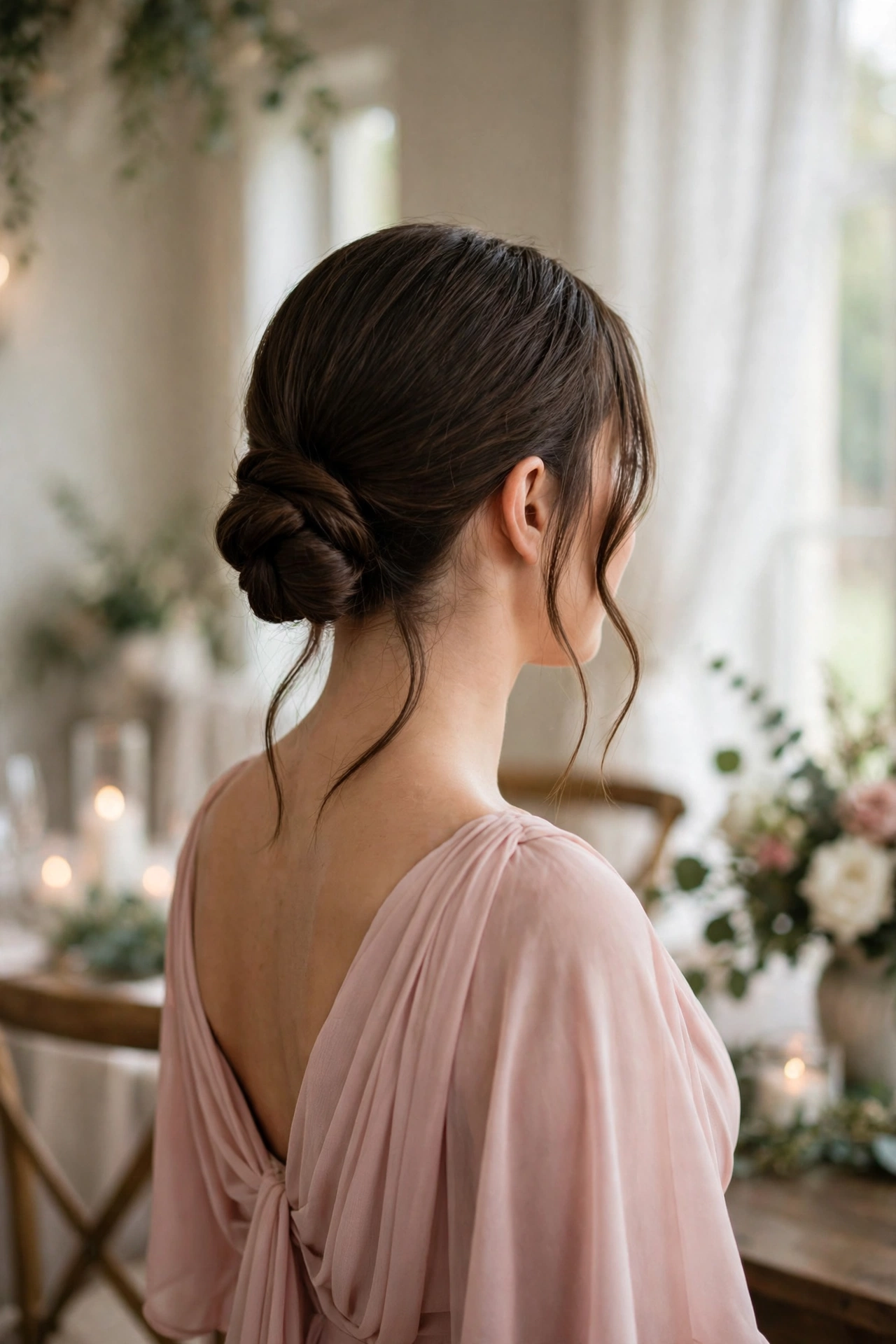 Bridesmaid with short hair in a low twisted bun at the nape of the neck