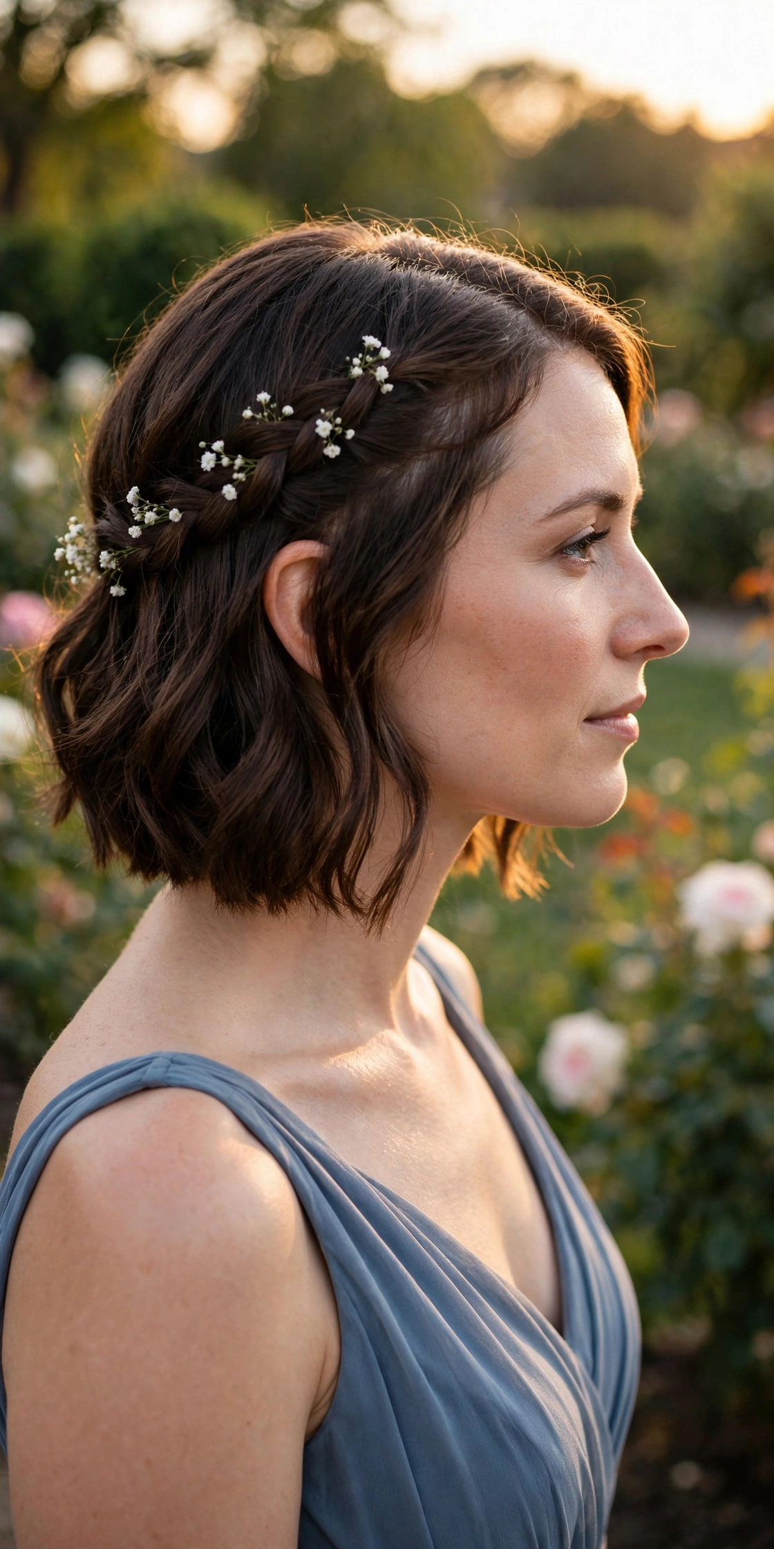 Bridesmaid with a side braid decorated with tiny white flowers on short hair