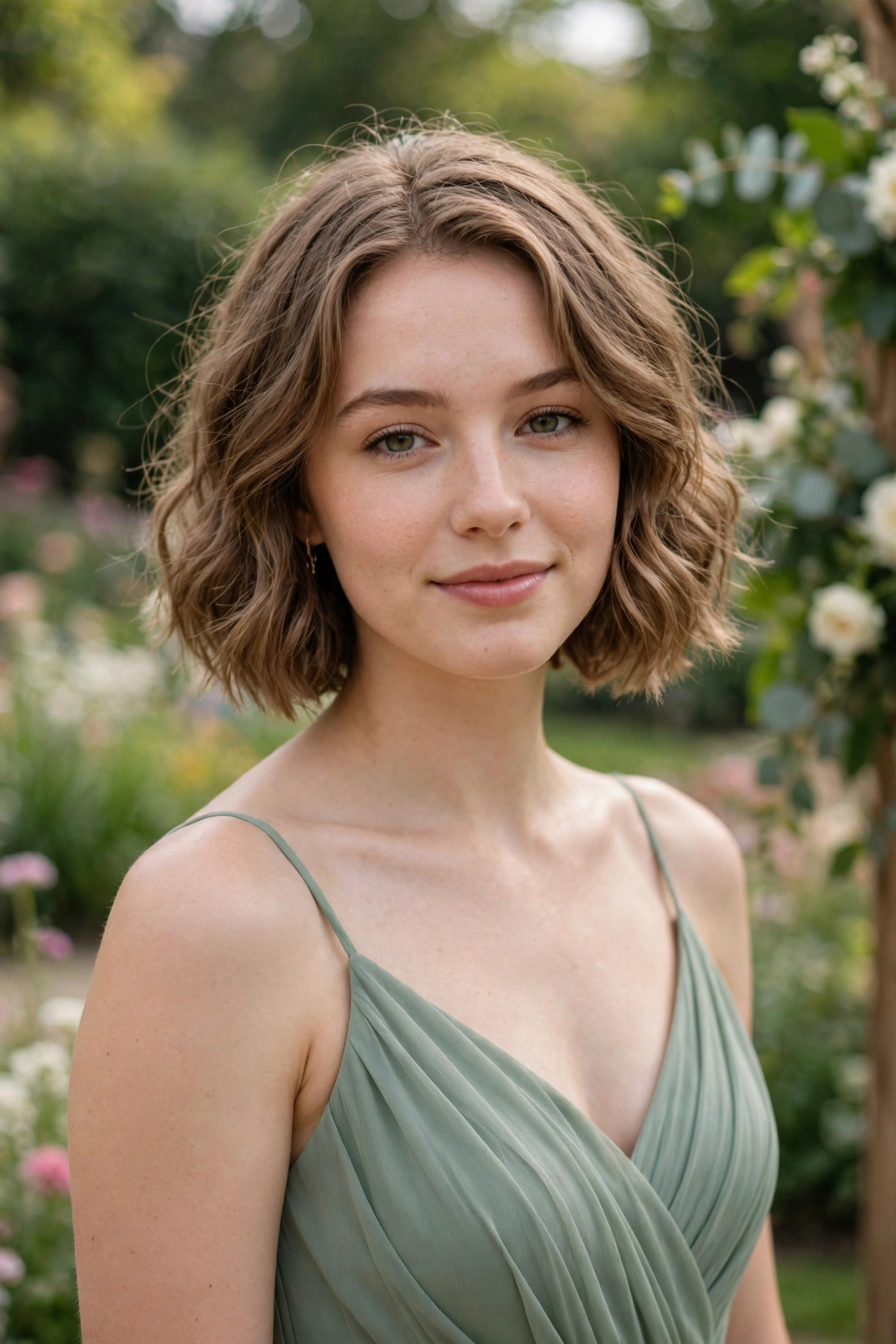 Bridesmaid with a textured chin-length bob styled in soft loose waves for a wedding