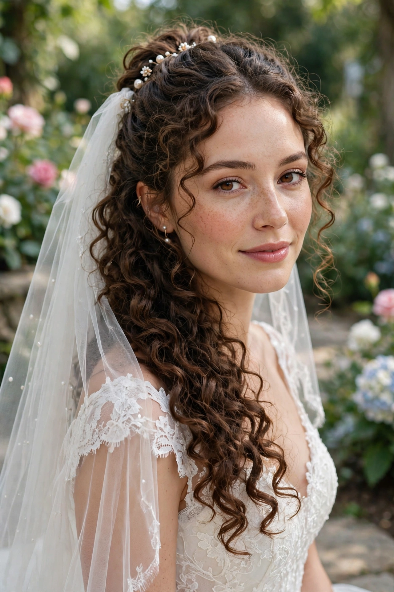 Half-up curly cascade with fingertip veil