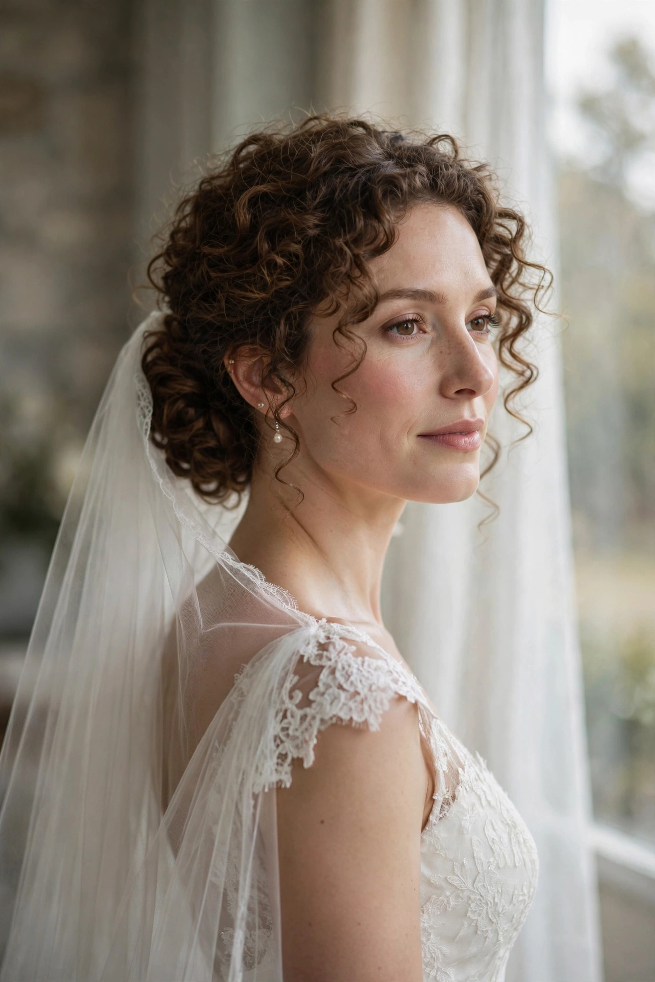 Curly low chignon with chapel veil underneath