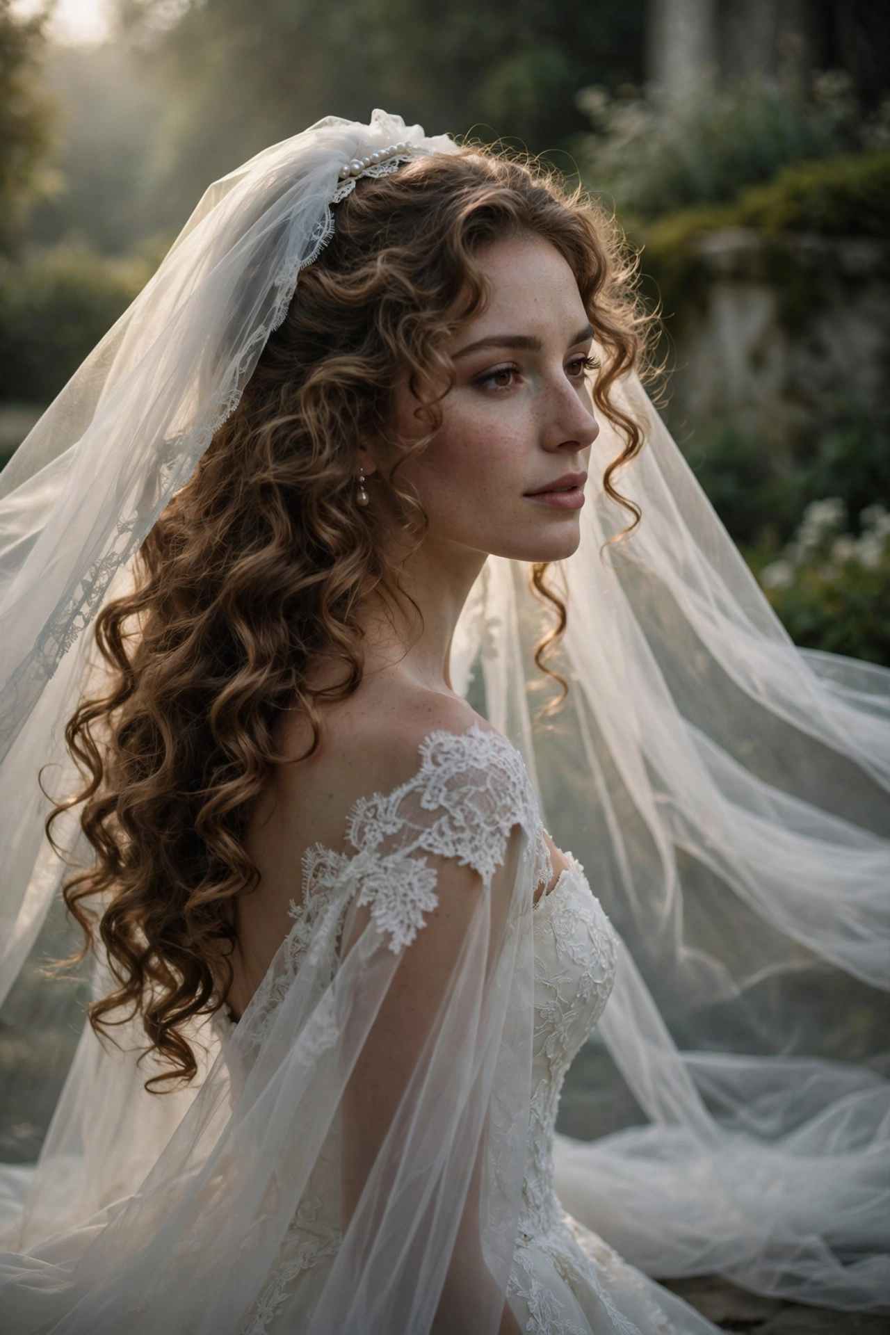 Side-swept curls with cathedral veil