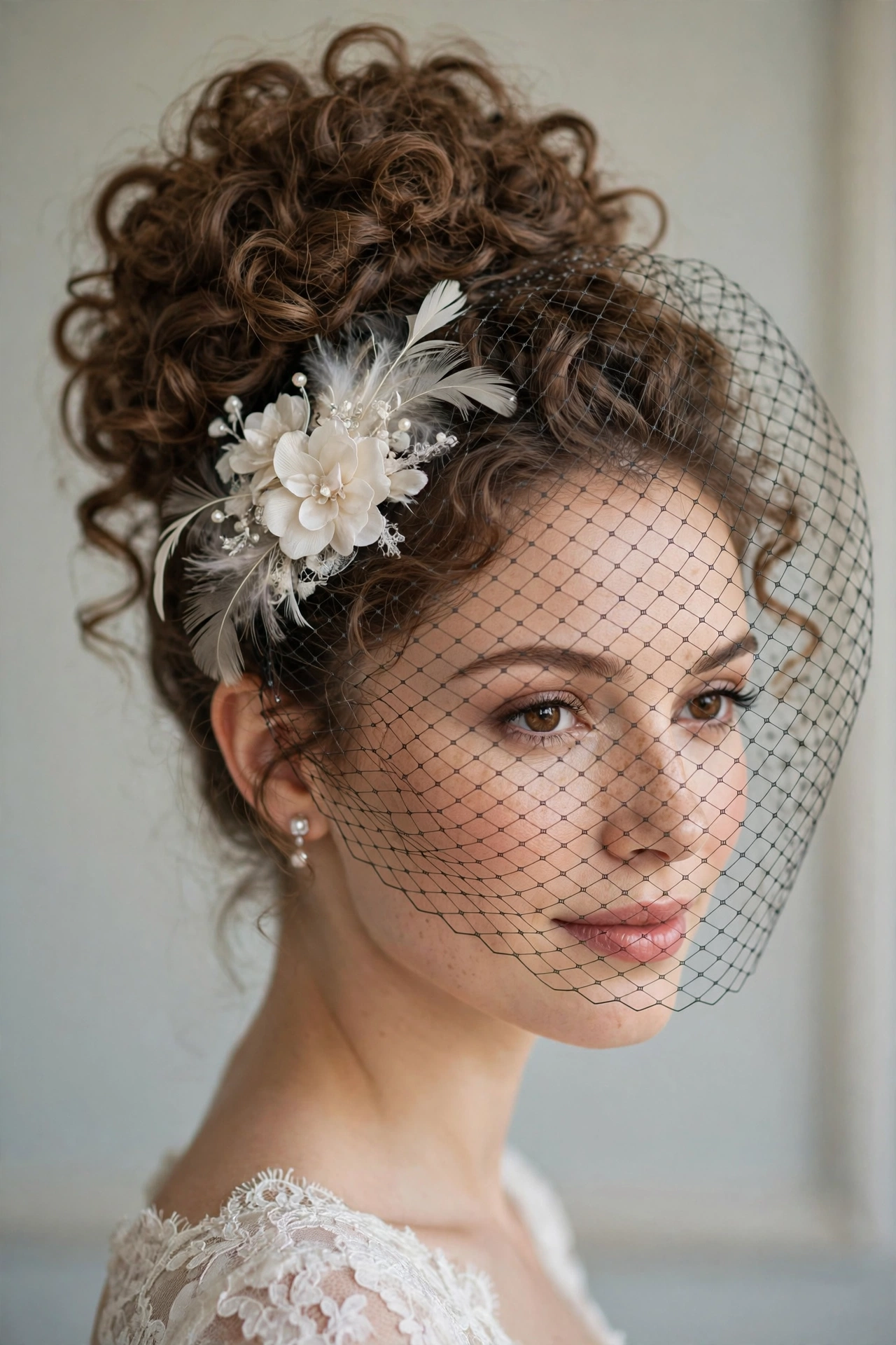 Voluminous curly high bun with birdcage veil