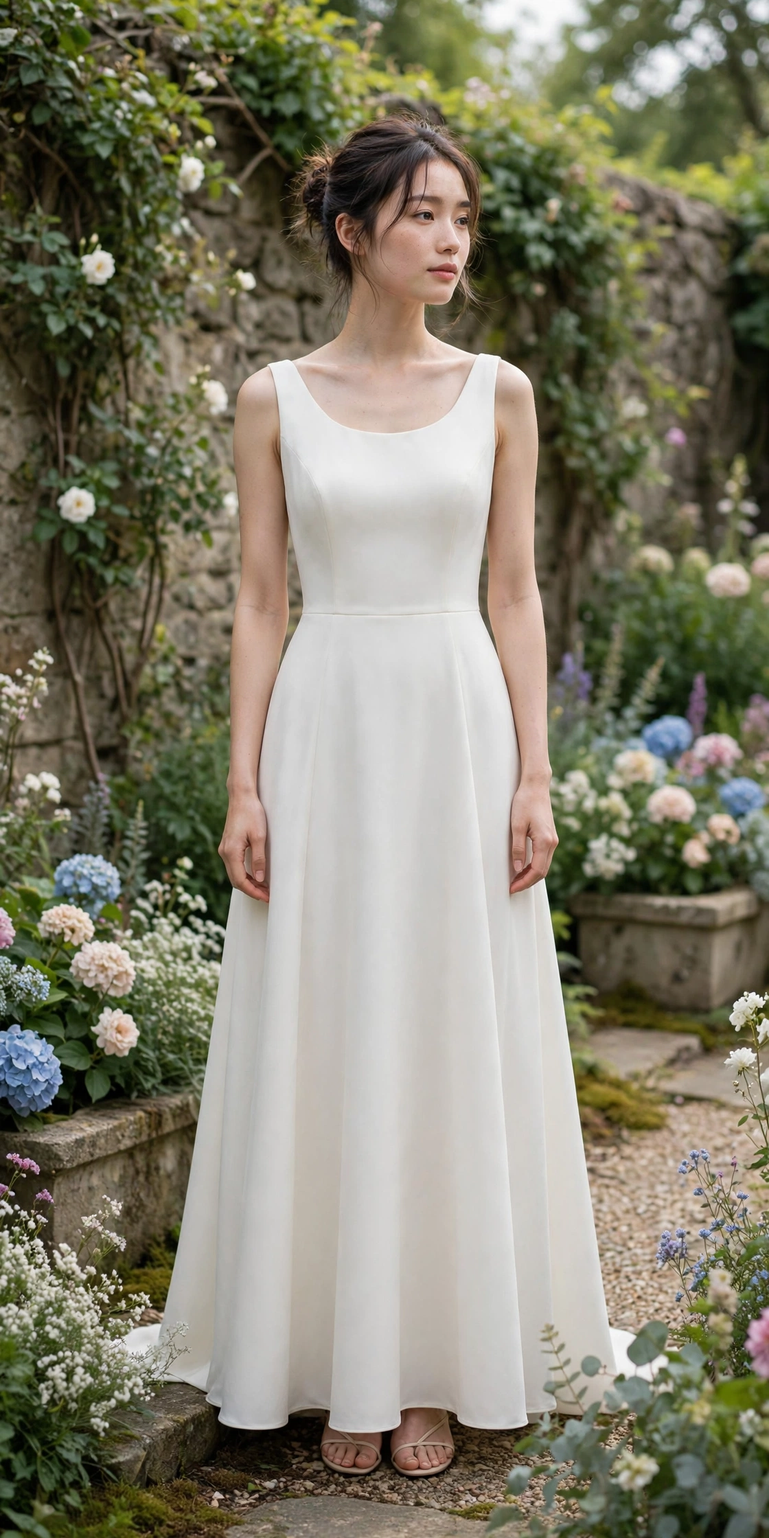 Simple ivory crepe A-line wedding dress on a petite bride