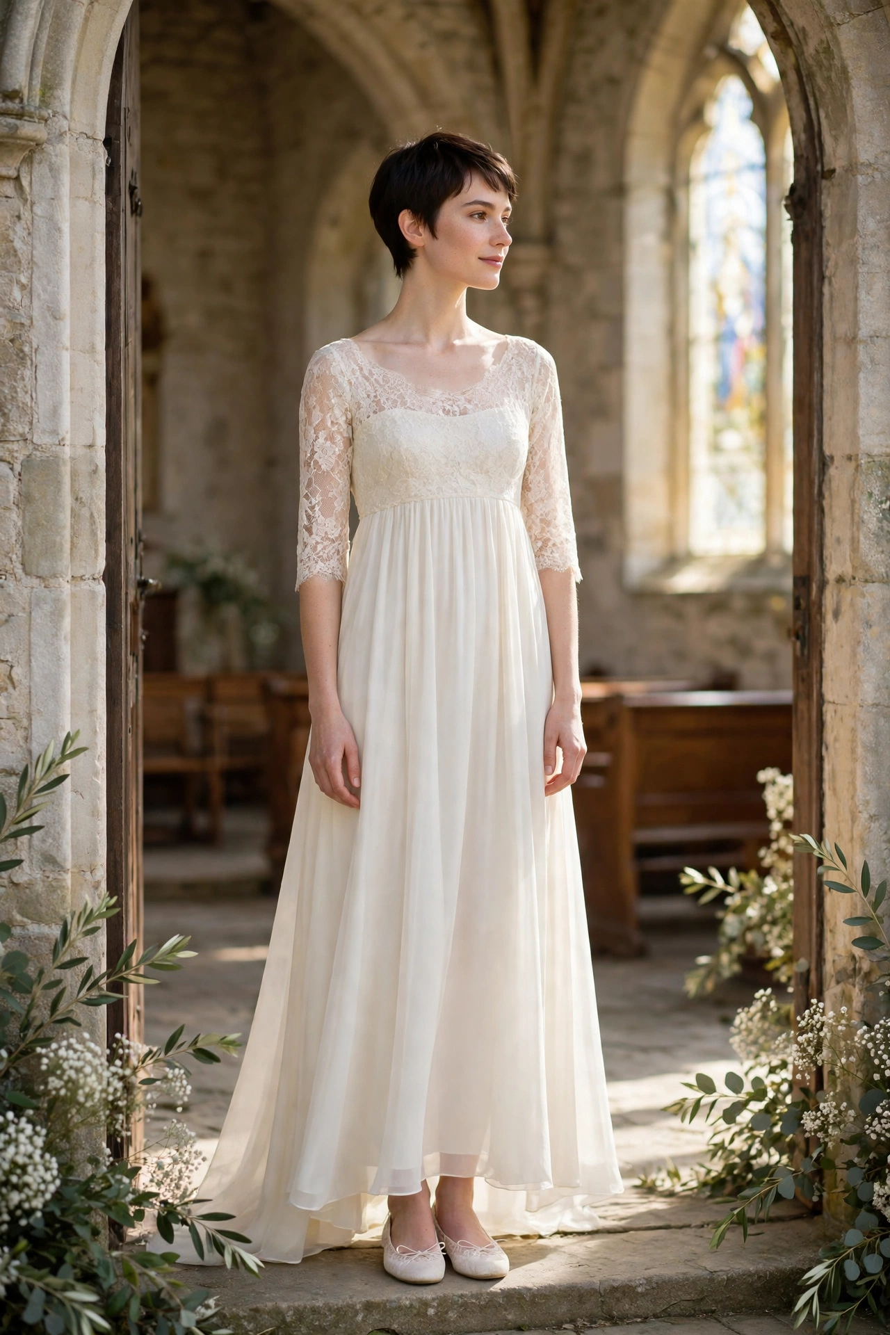 Simple empire-waist lace wedding dress on a short bride