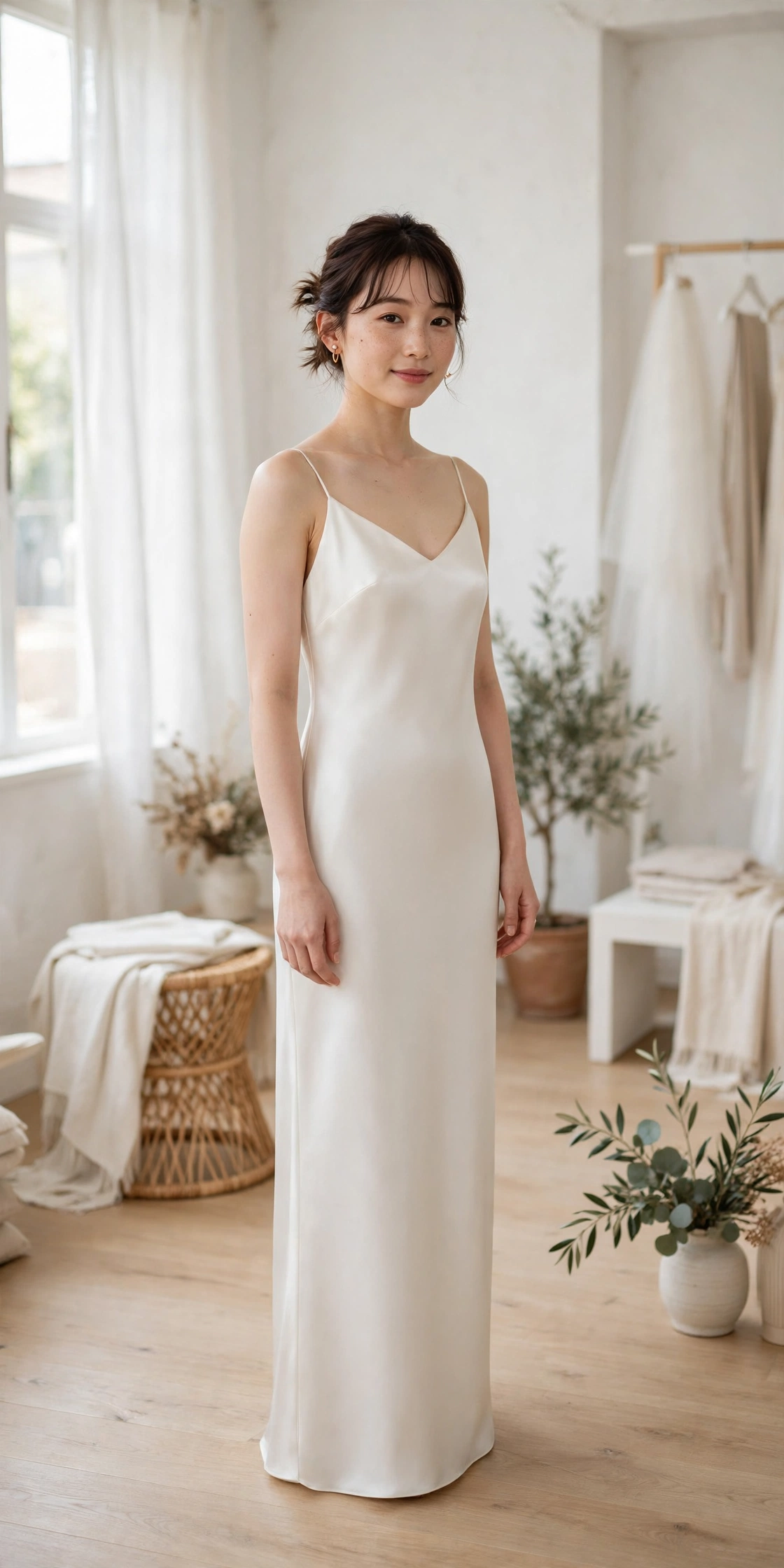 Simple satin slip wedding dress on a petite bride
