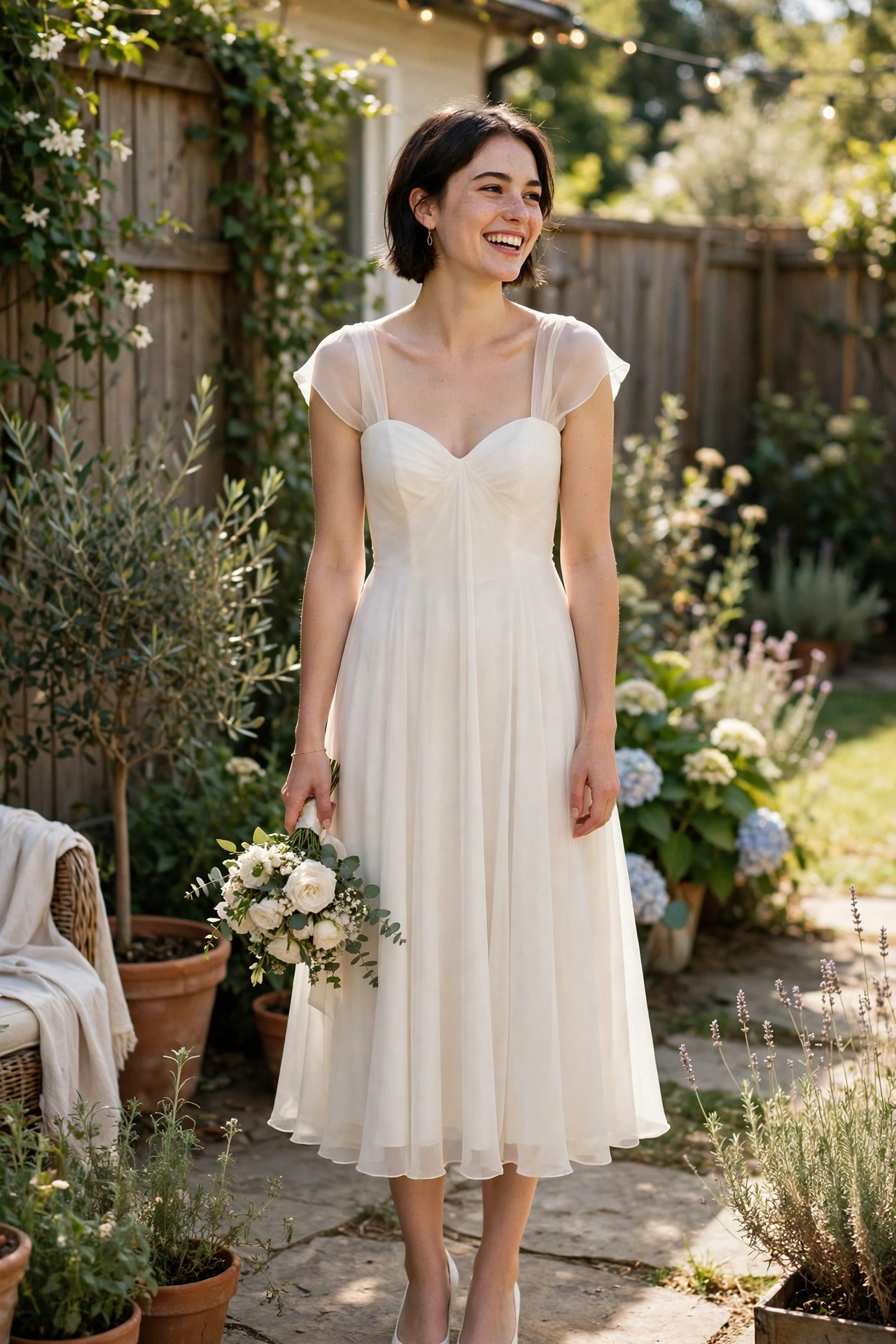 Simple tea-length chiffon wedding dress on a short bride