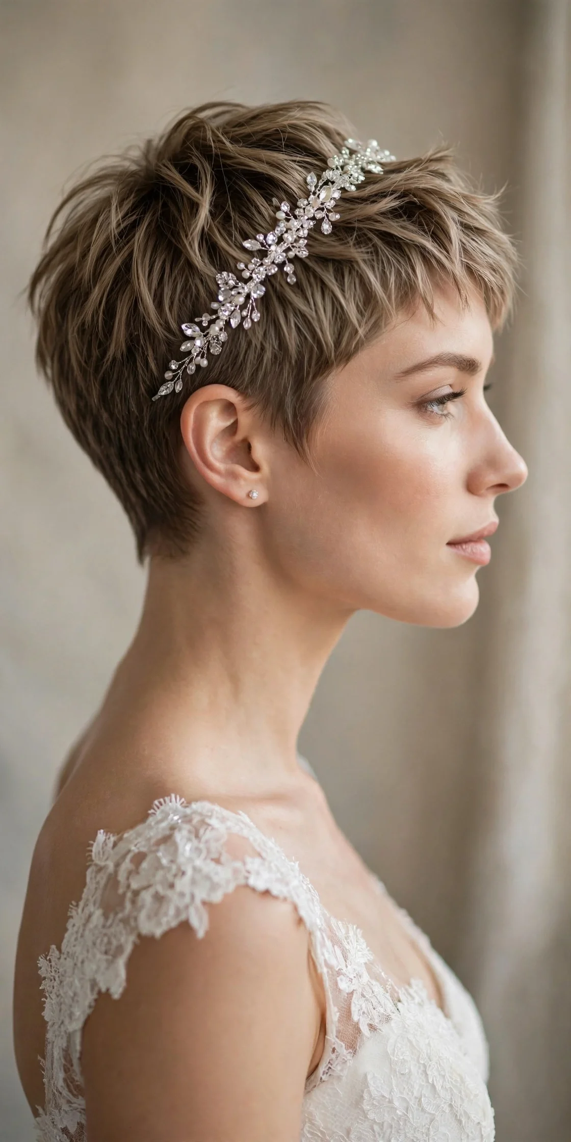 Chic pixie cut wedding hairstyle with crystal headband