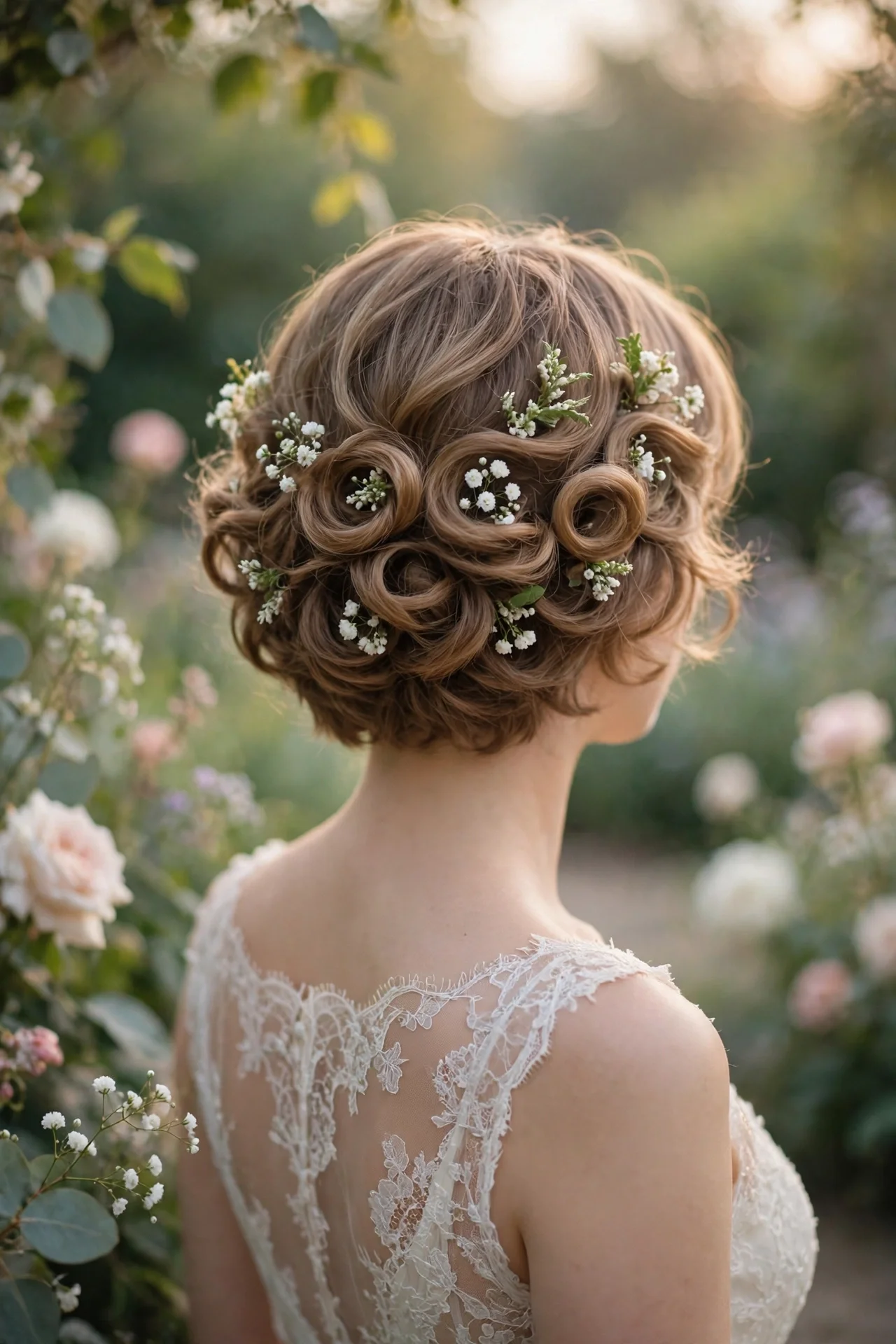 Short hair bridal updo with fresh white flowers