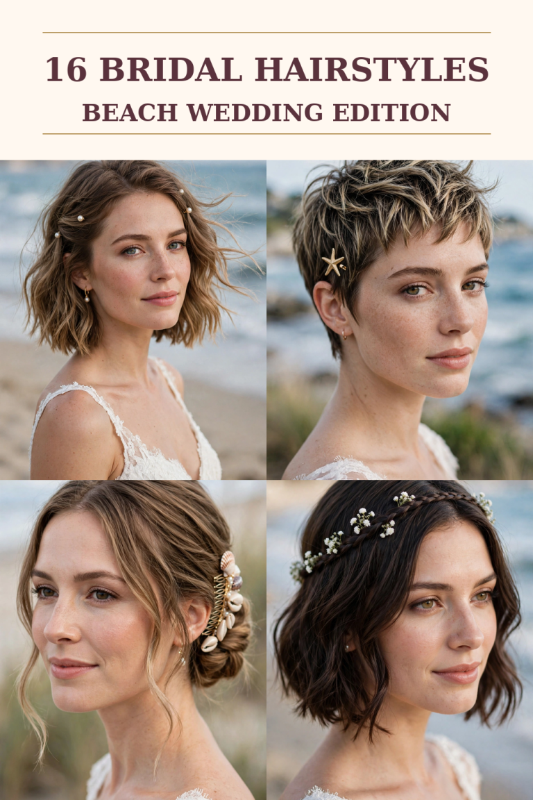 16 beach wedding hairstyles for short hair — 2026 bridal inspiration collage