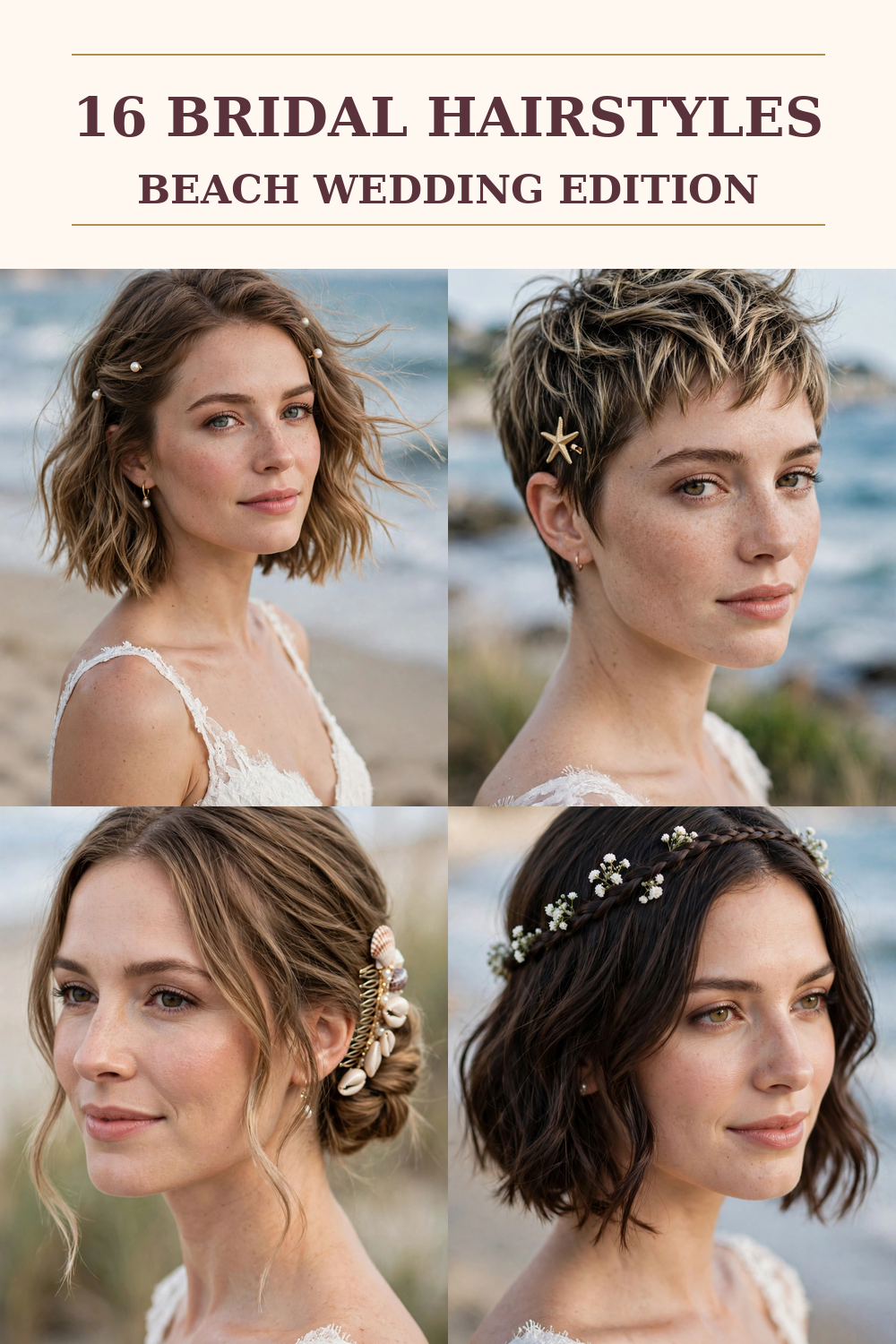 16 beach wedding hairstyles for short hair — 2026 bridal inspiration collage