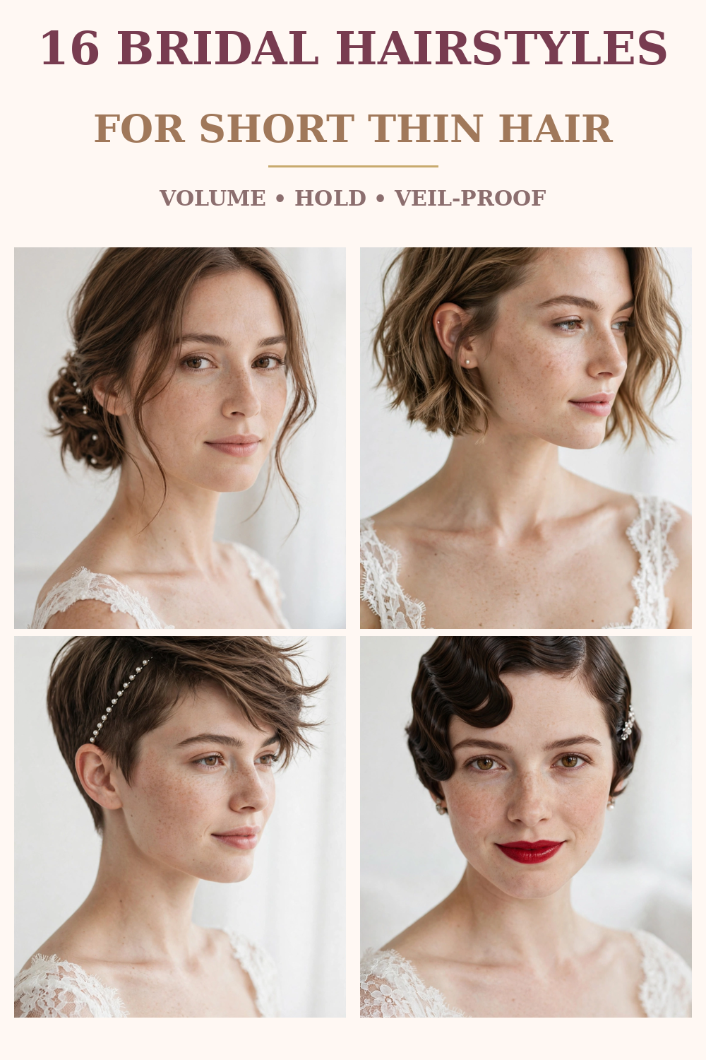 Collage of 16 wedding hairstyles for short thin hair