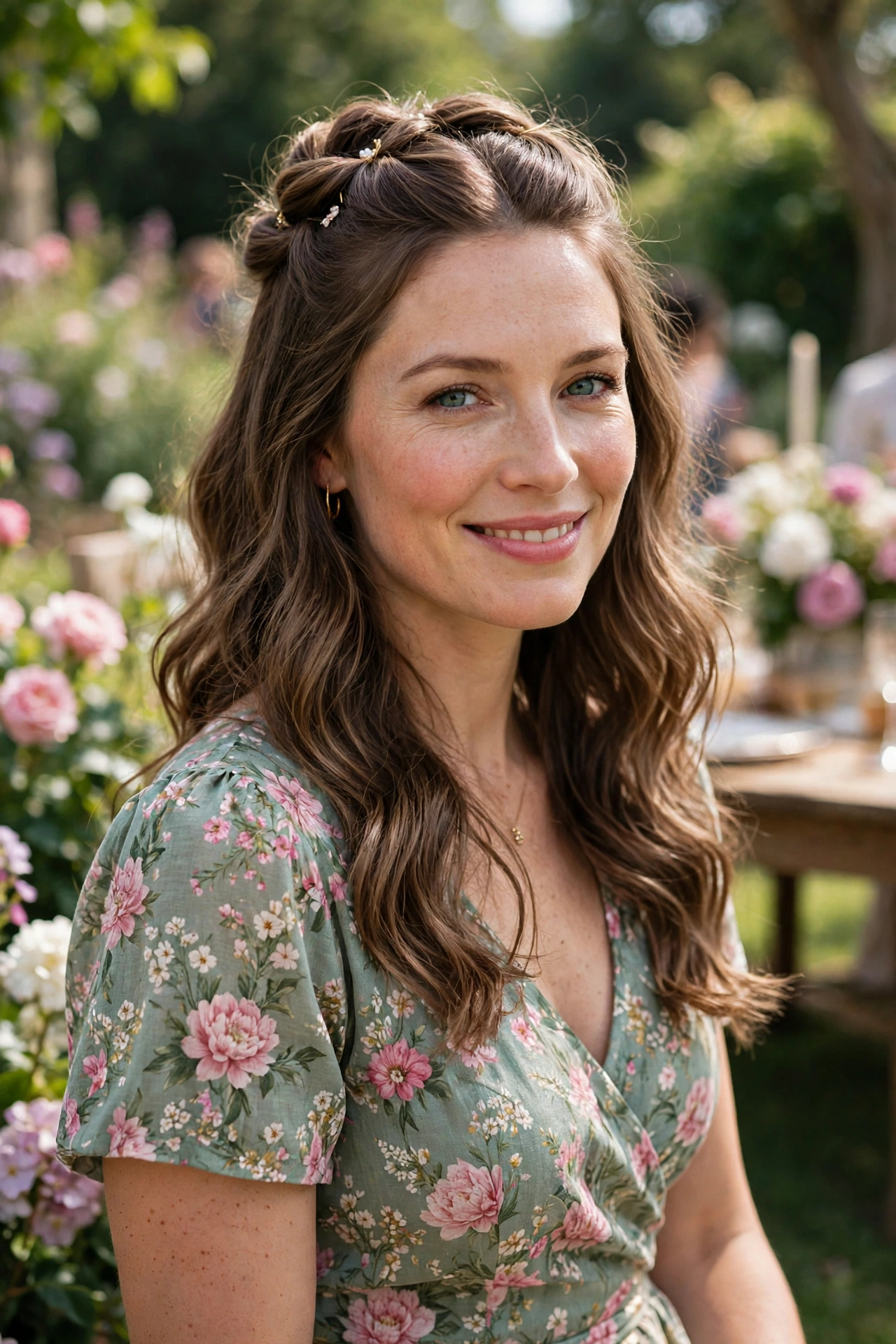 Half-up twist hairstyle on a wedding guest with loose waves