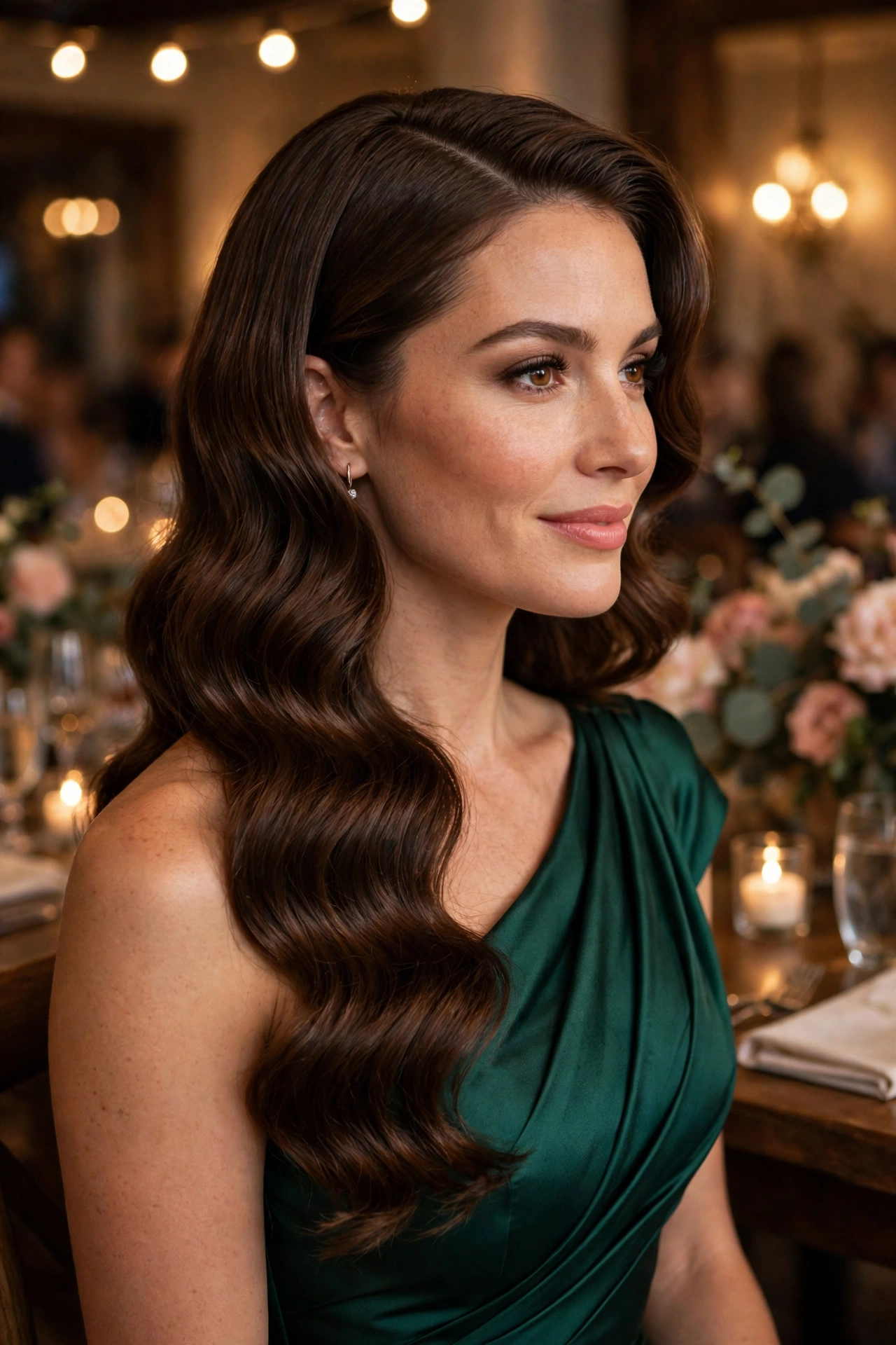 Soft Hollywood waves worn by a wedding guest