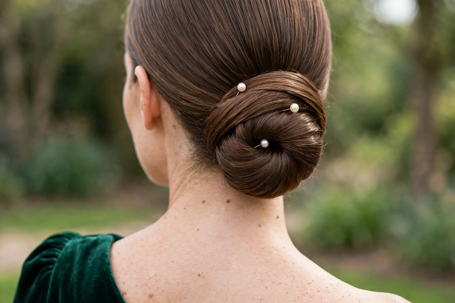 Low chignon with pearl pins on a wedding guest