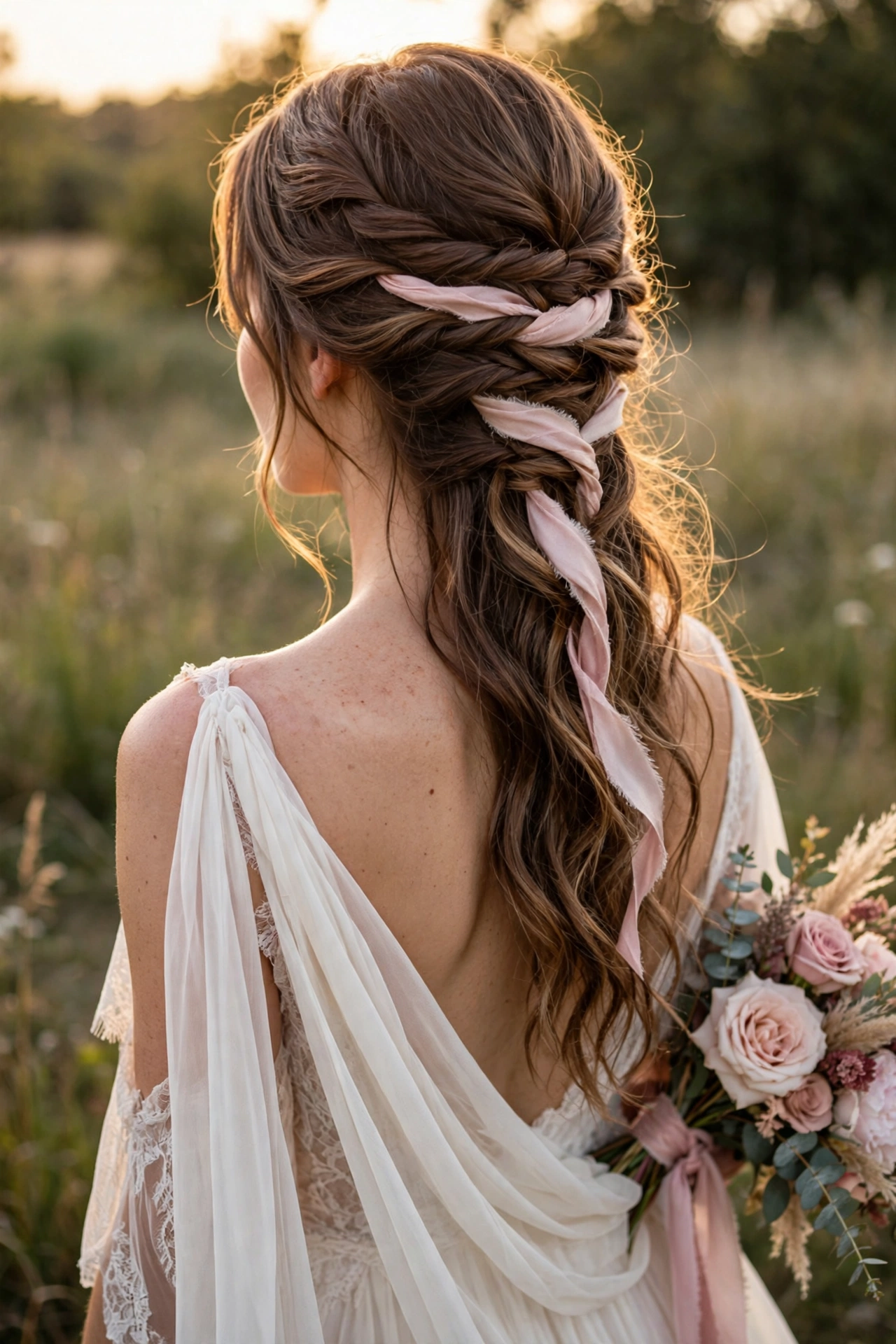 Bohemian half-up twist wedding hairstyle with ribbon