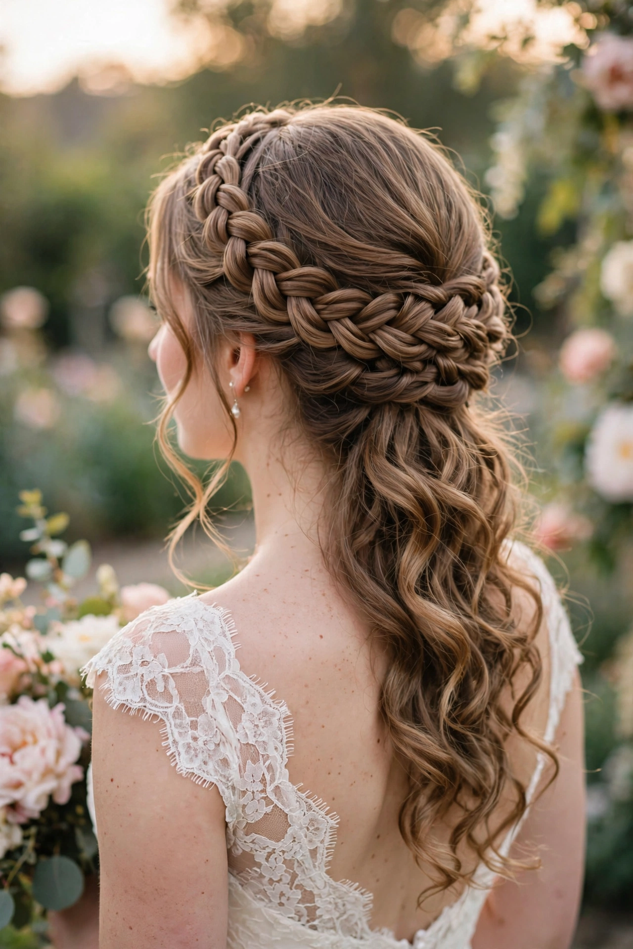 Half up half down wedding hairstyle with an elegant braided crown