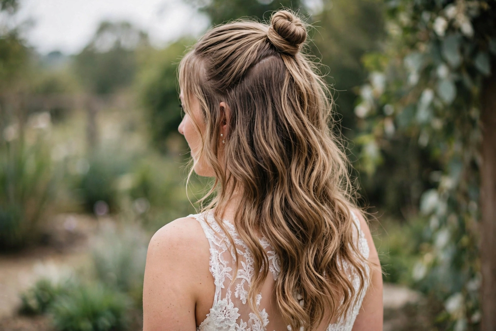 Flirty half-up top knot wedding hairstyle