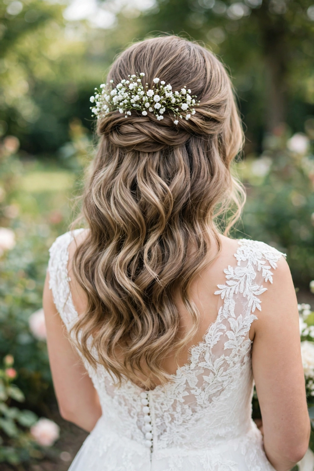 Romantic half up half down wedding hair with soft waves and baby's breath flowers