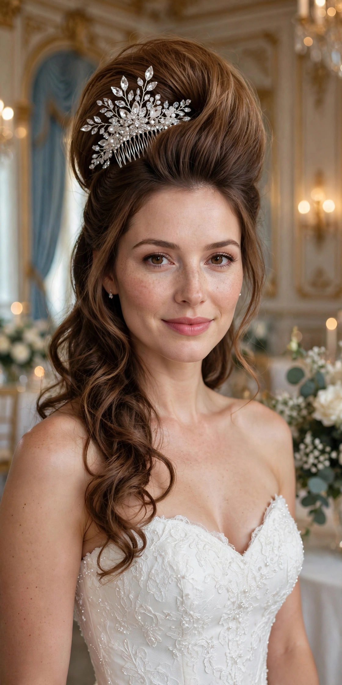 High-volume crown with crystal comb half-up wedding hairstyle