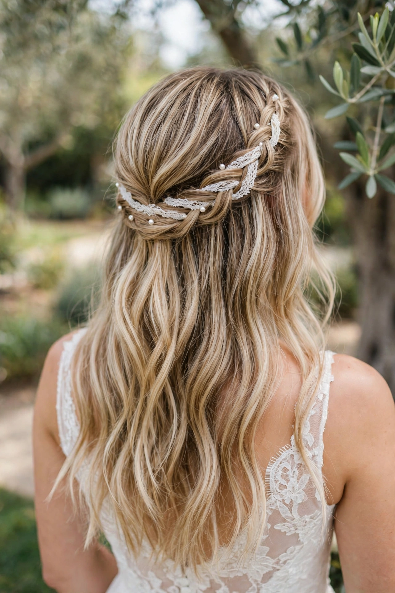 Half-up lace braid detail with baby pearls
