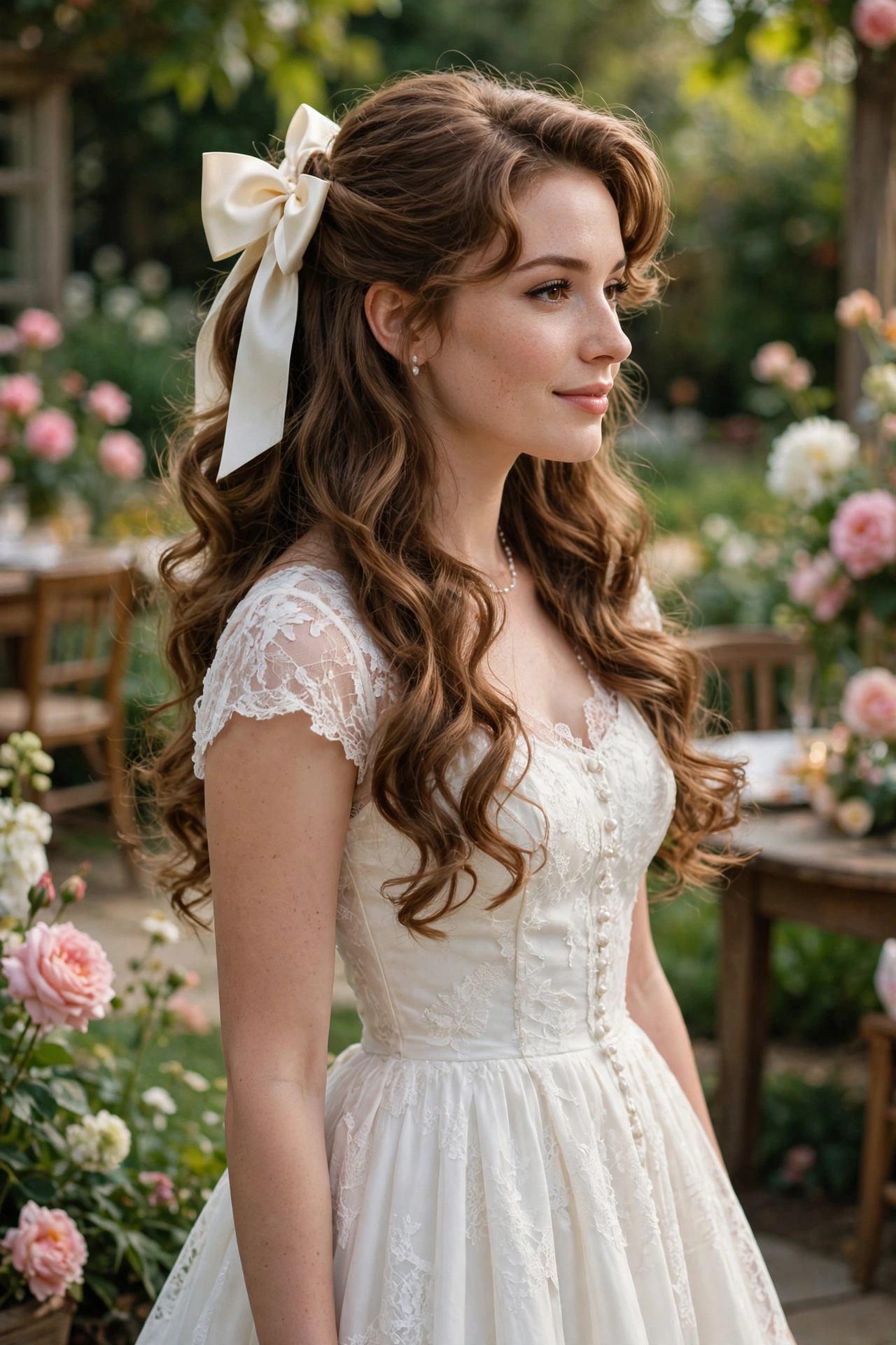 Half-up wedding hairstyle with a satin bow
