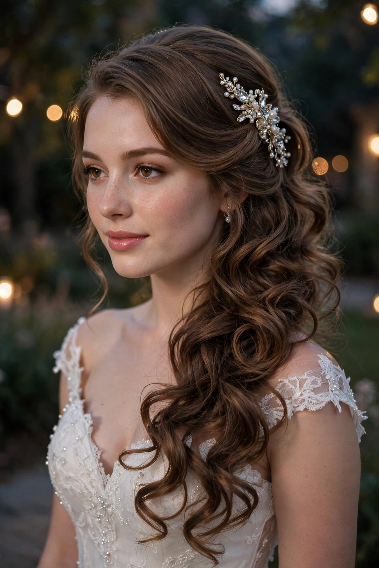 Side-swept glam curls half-up wedding hairstyle