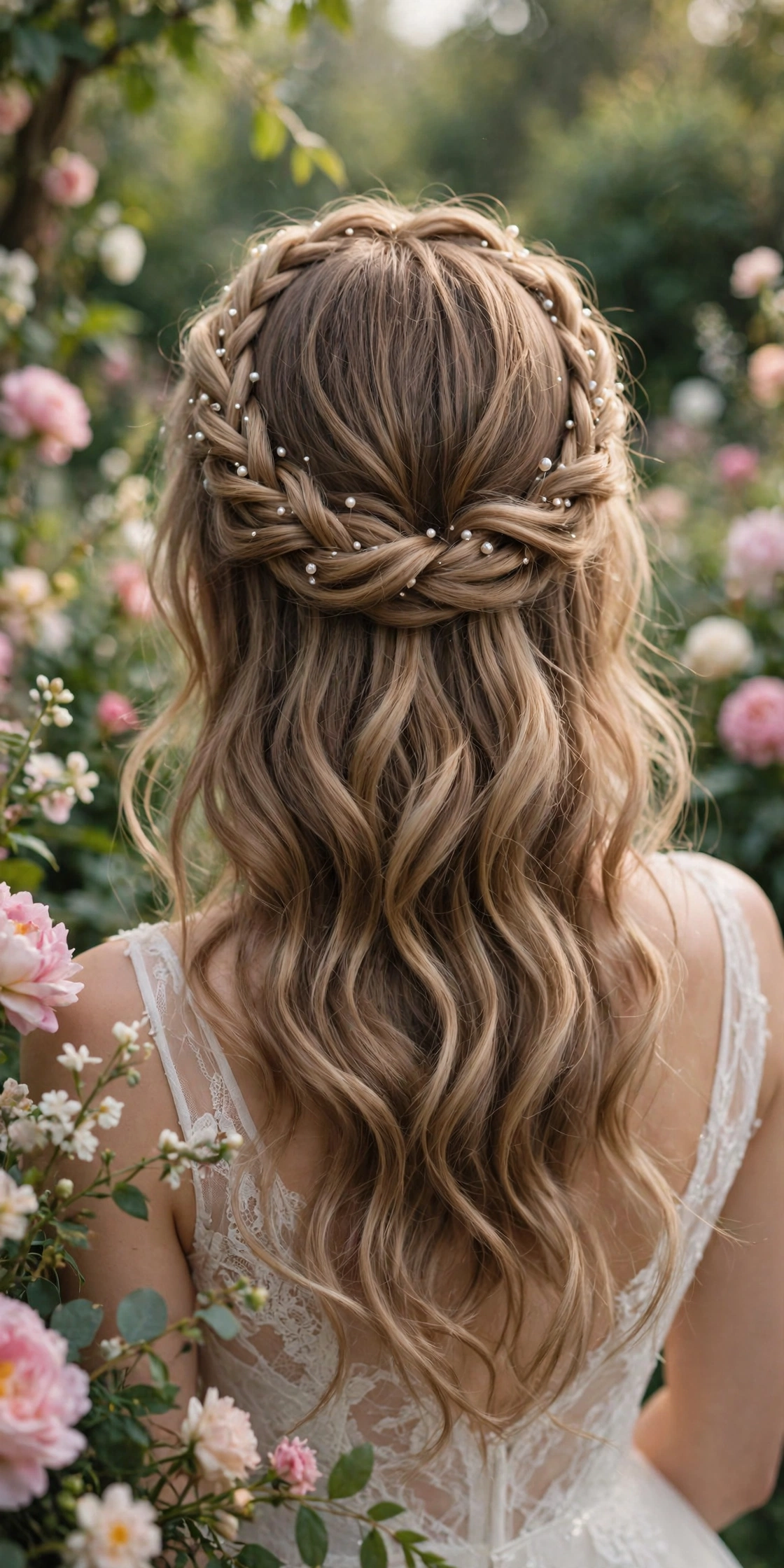 Half up half down wedding hair with a twisted halo and pearl accents