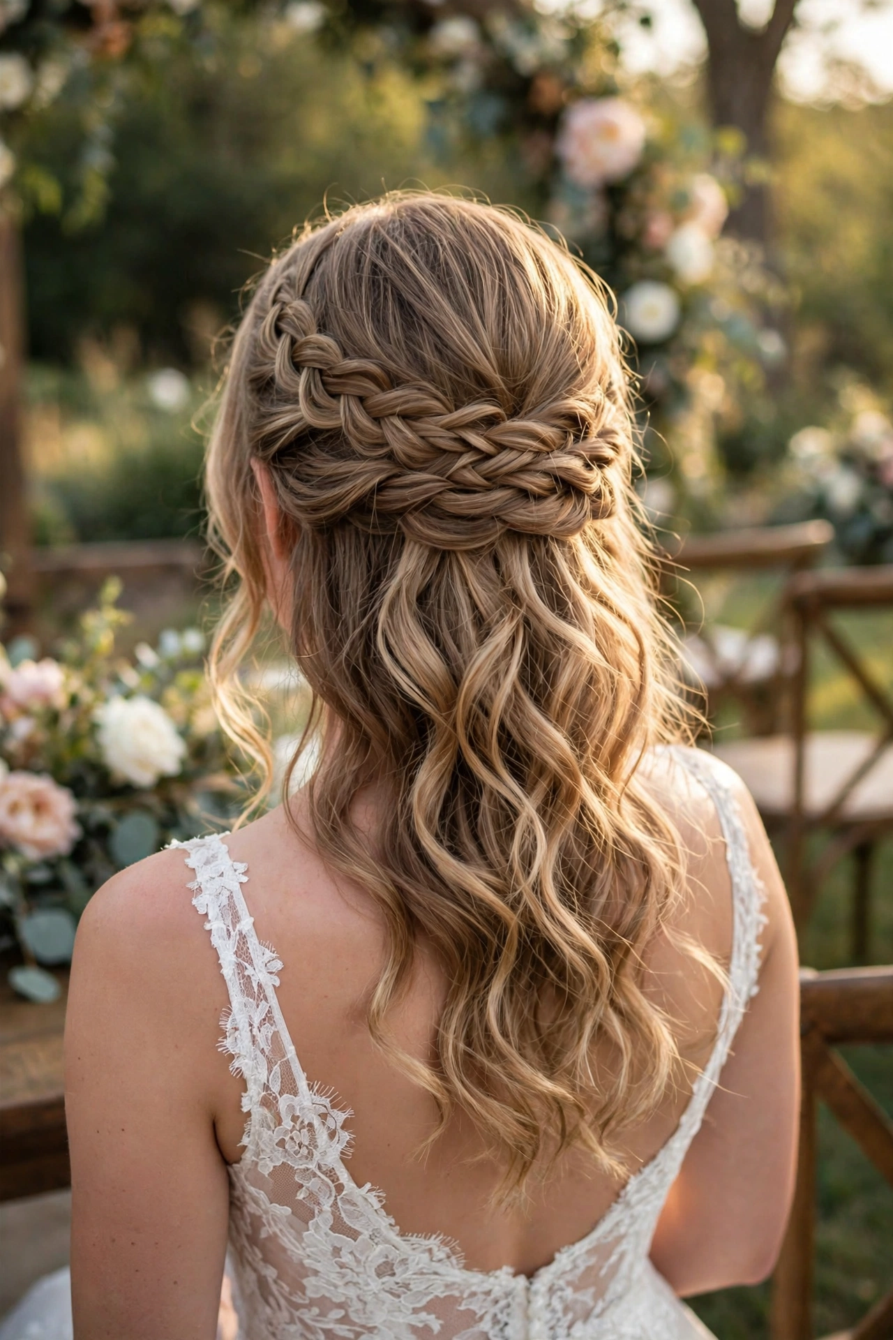 Half-up waterfall braid with loose curls