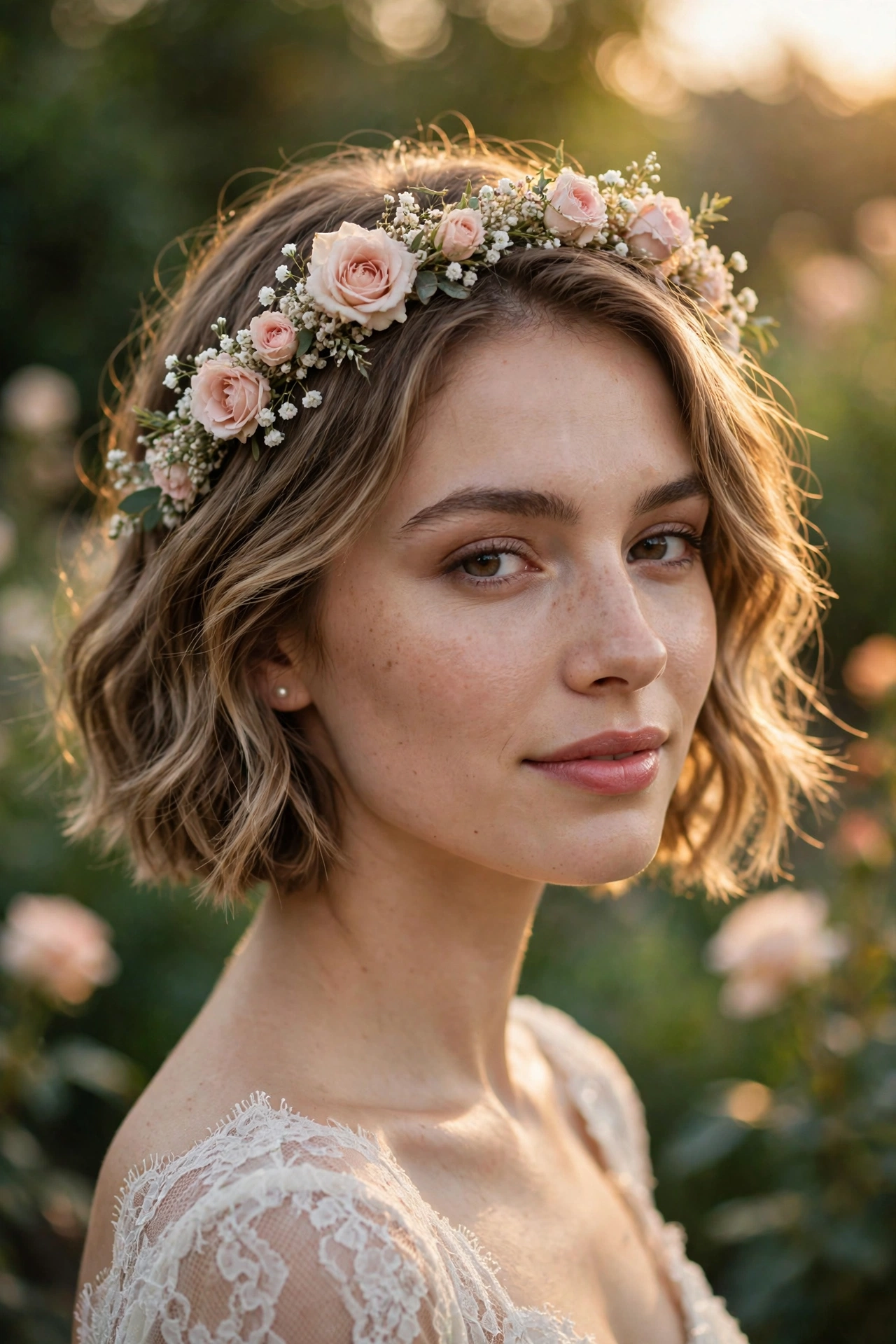 Wavy bob wedding hairstyle with a floral crown headband