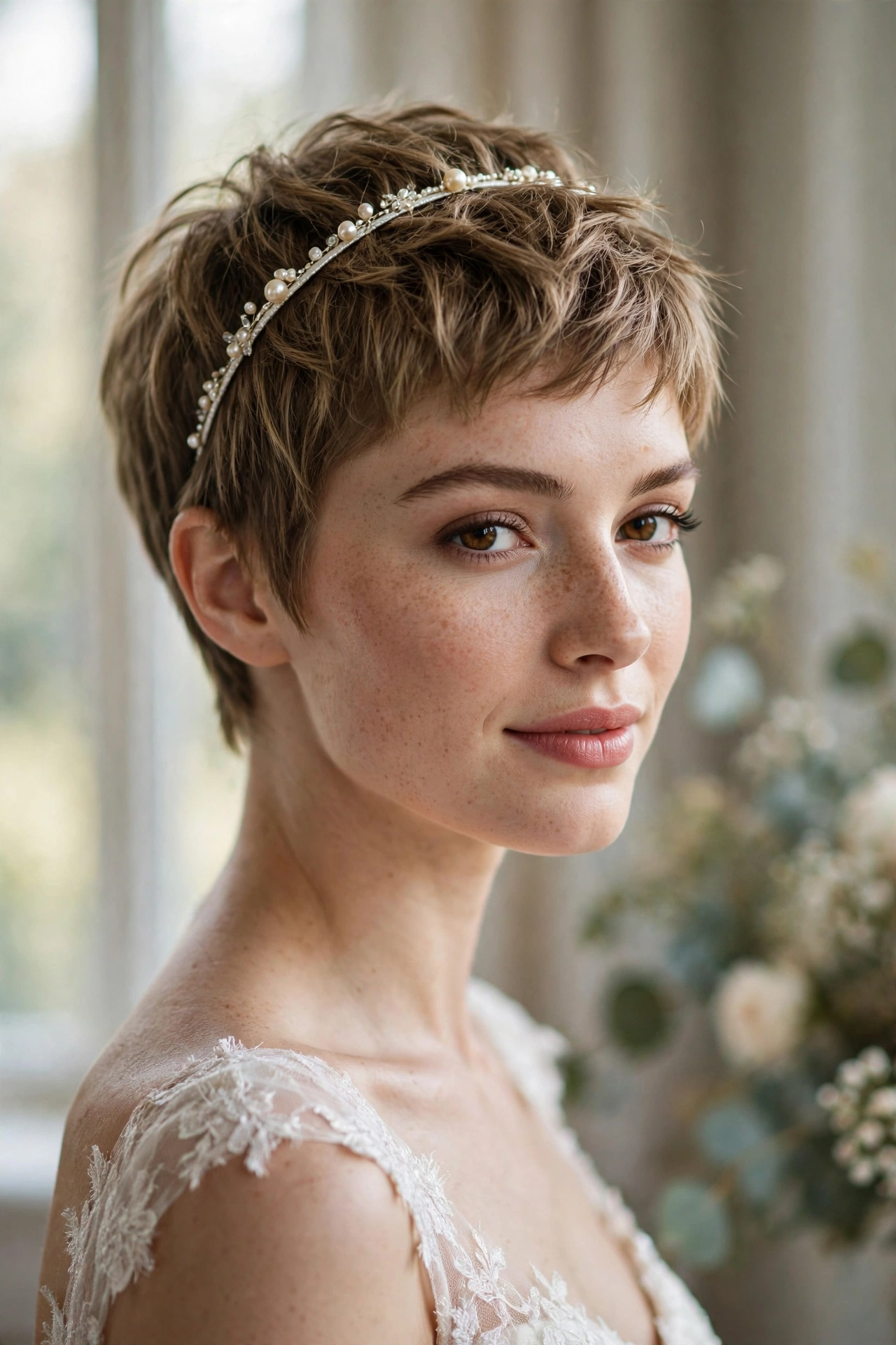 Textured pixie cut wedding hairstyle with a pearl headband