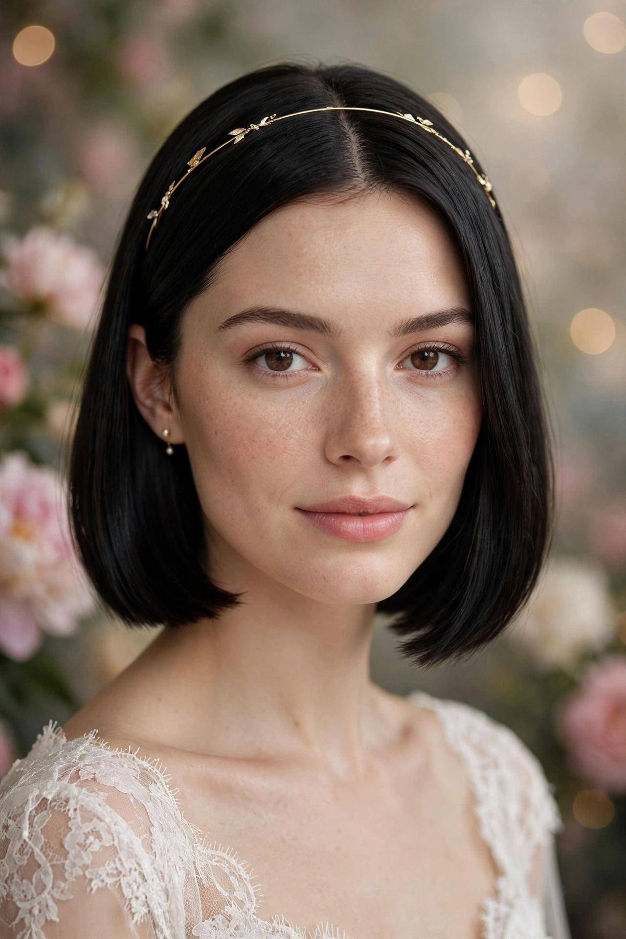 Sleek chin-length bob wedding hairstyle with a thin gold metallic headband