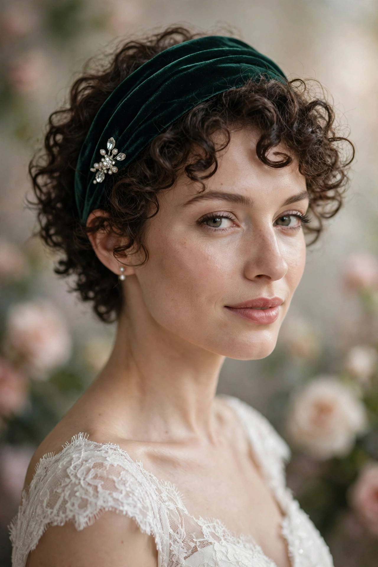 Short curly wedding hairstyle with a wide velvet headband