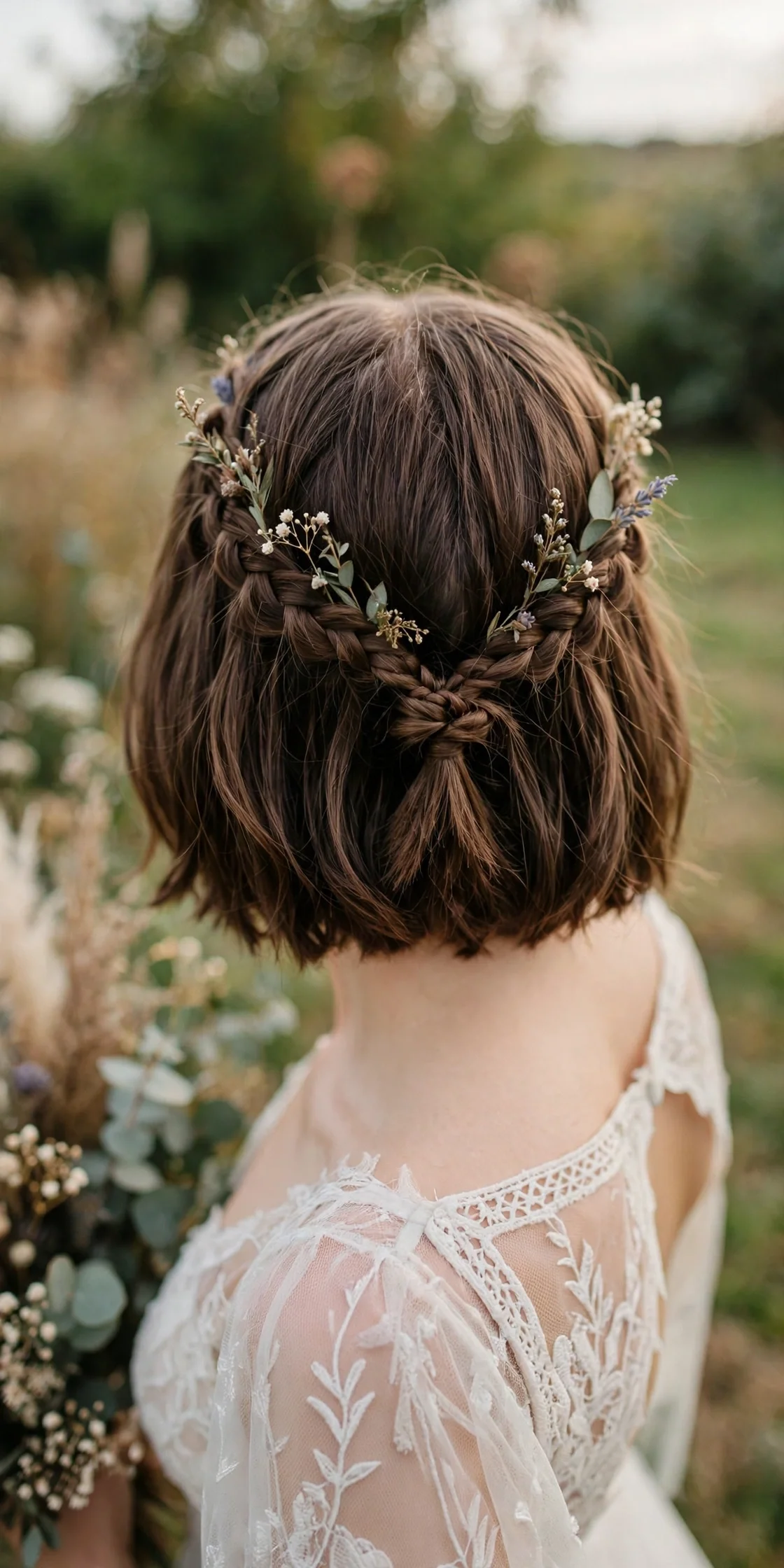 Delicate braided crown on short bob wedding hair