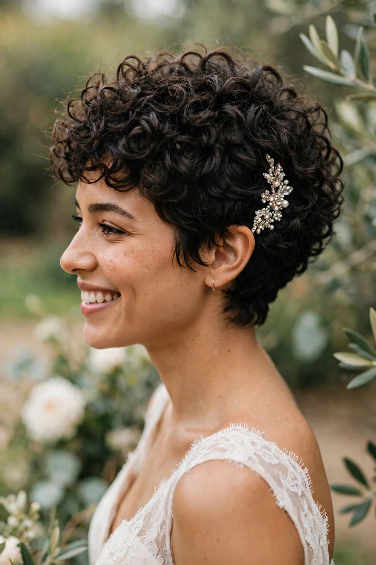 Voluminous curly pixie wedding hairstyle with jeweled clip