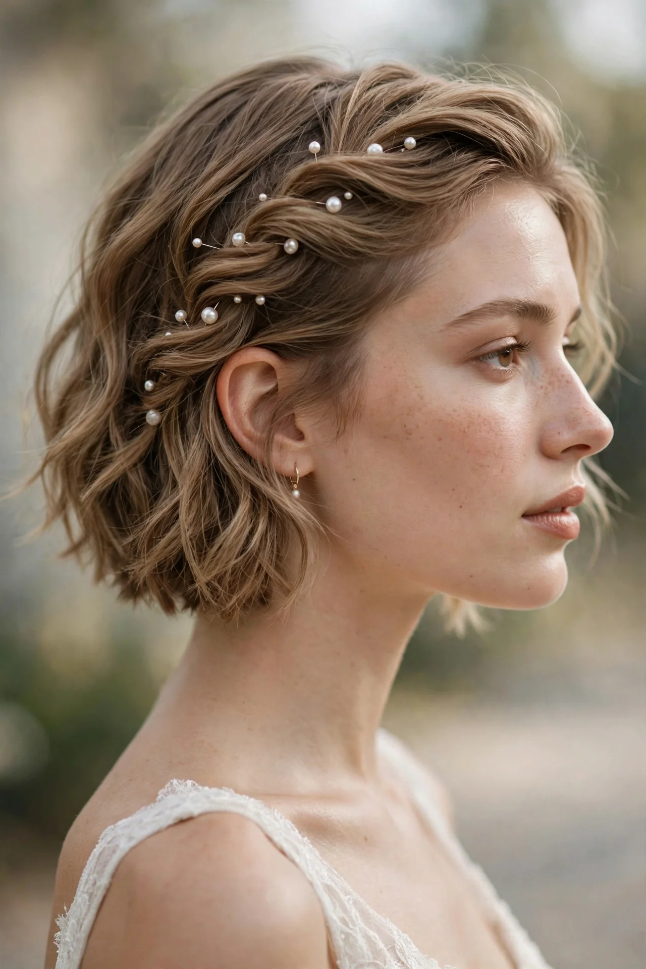 Half-up twist wedding hairstyle on short hair with pearl pins