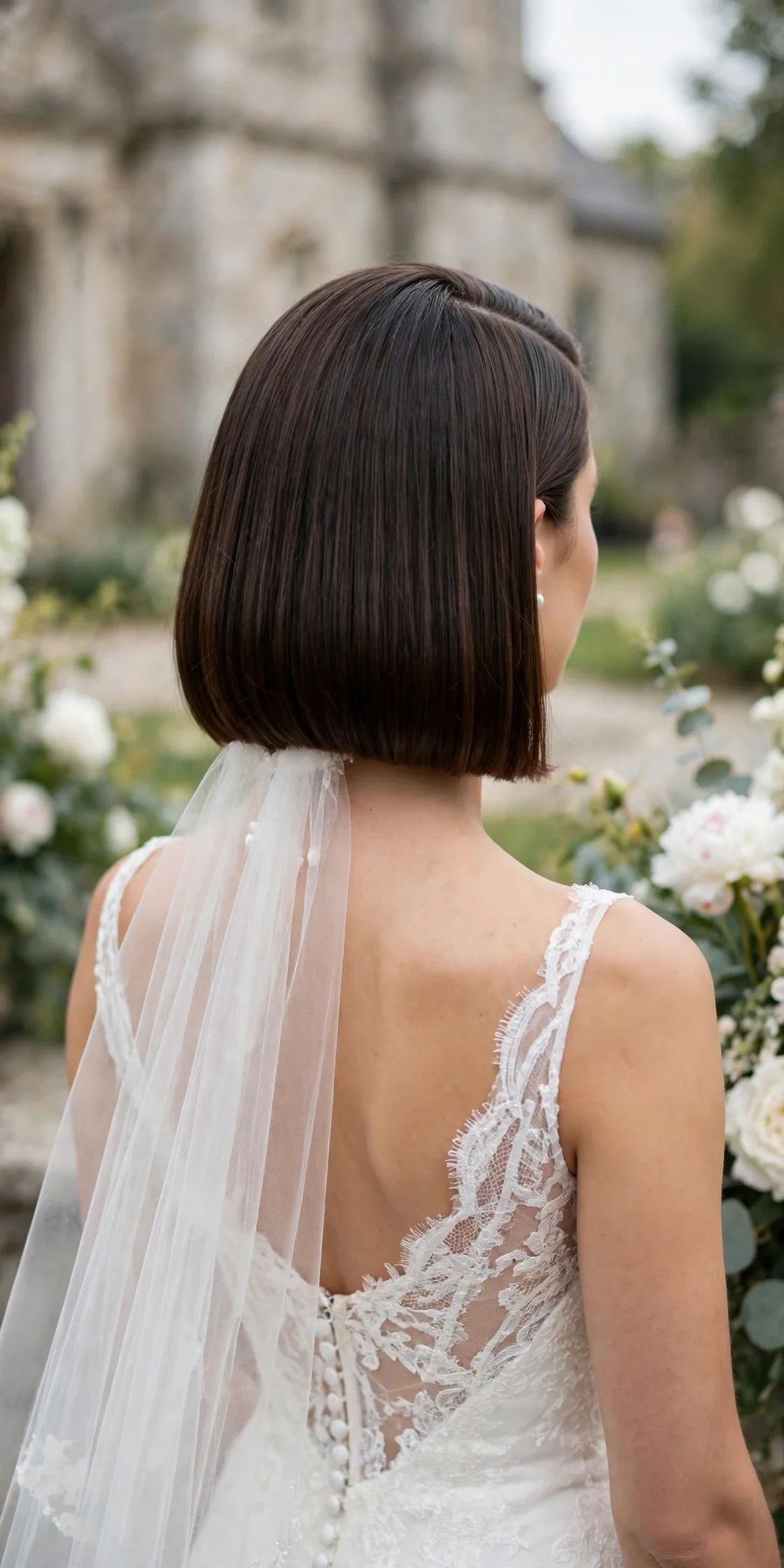 Sleek side-part bob wedding hairstyle for short hair brides