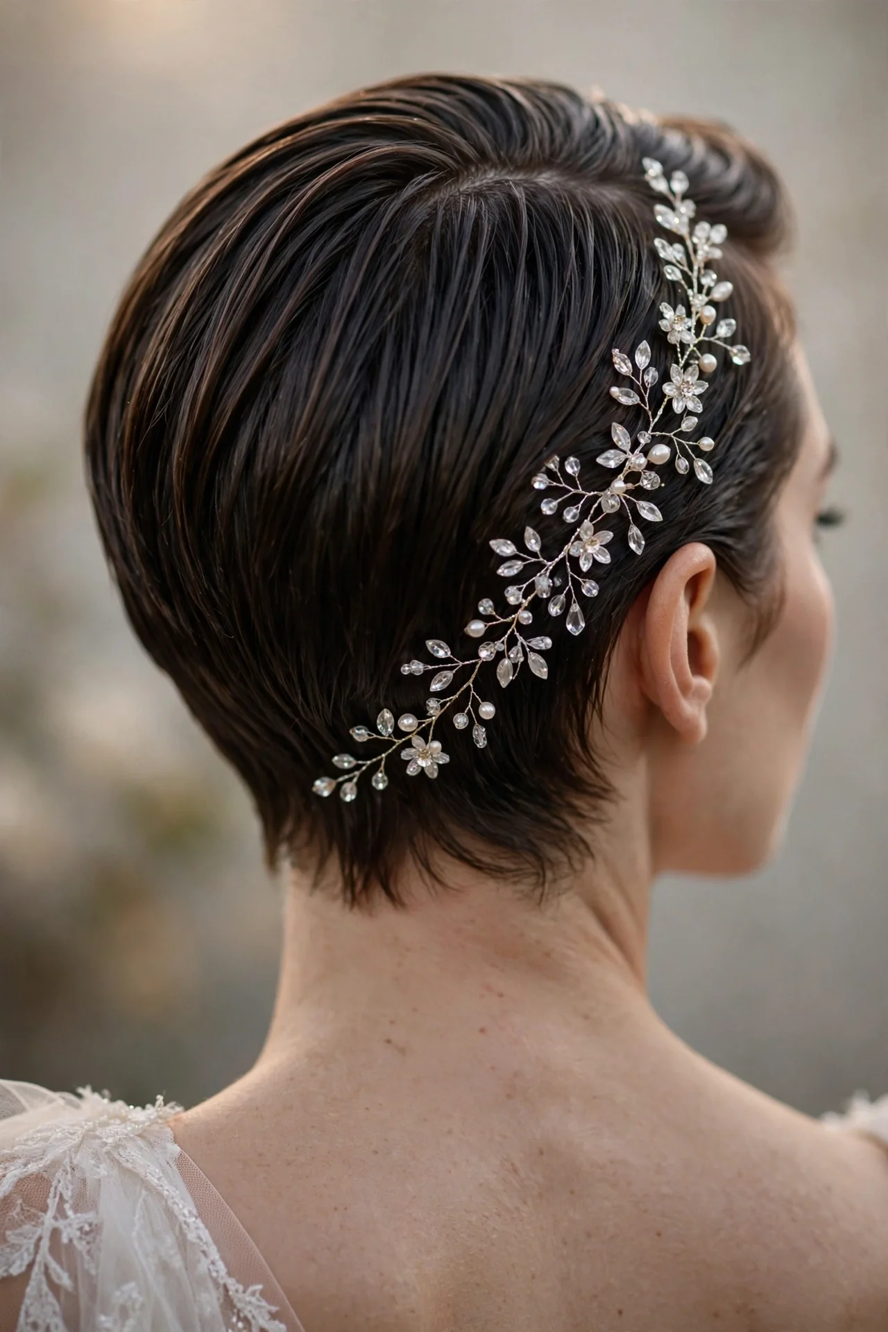 Slicked-back pixie wedding hairstyle with a crystal hair vine on short hair